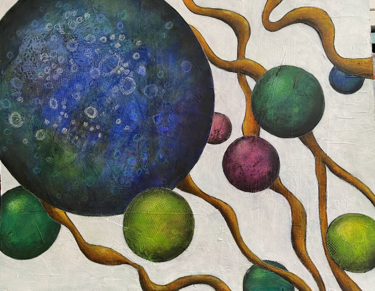 Kugeln im Raum XIV, Acryl/Kohle/Buntstifte/Collagematerial auf Papier, 50x64 cm