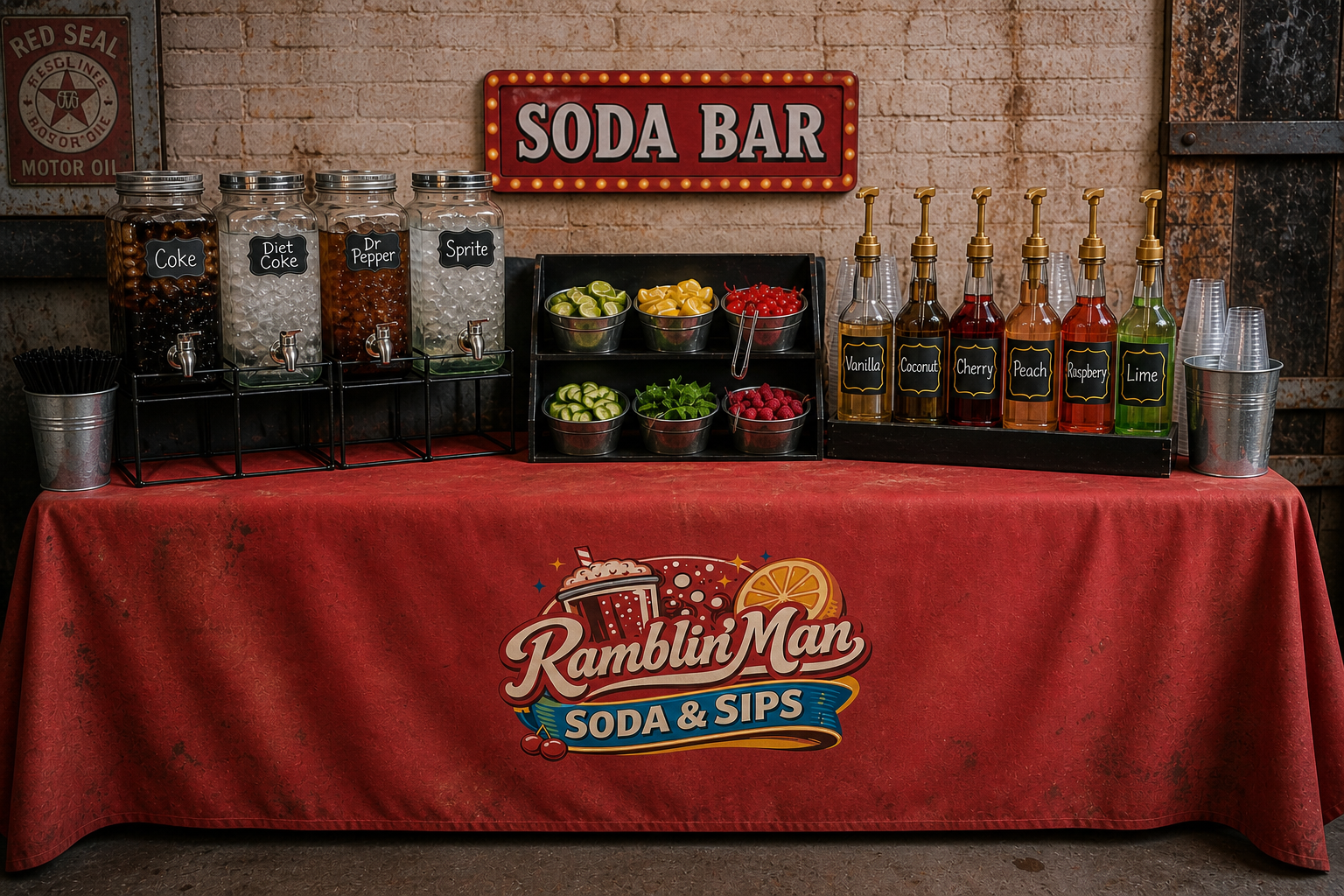 A soda and sips station set up at a party with drink dispensers, fresh fruit and flavor syrups, on a red tablecloth with a "Ramblin Man Soda & Sips" logo, against a brick wall background.