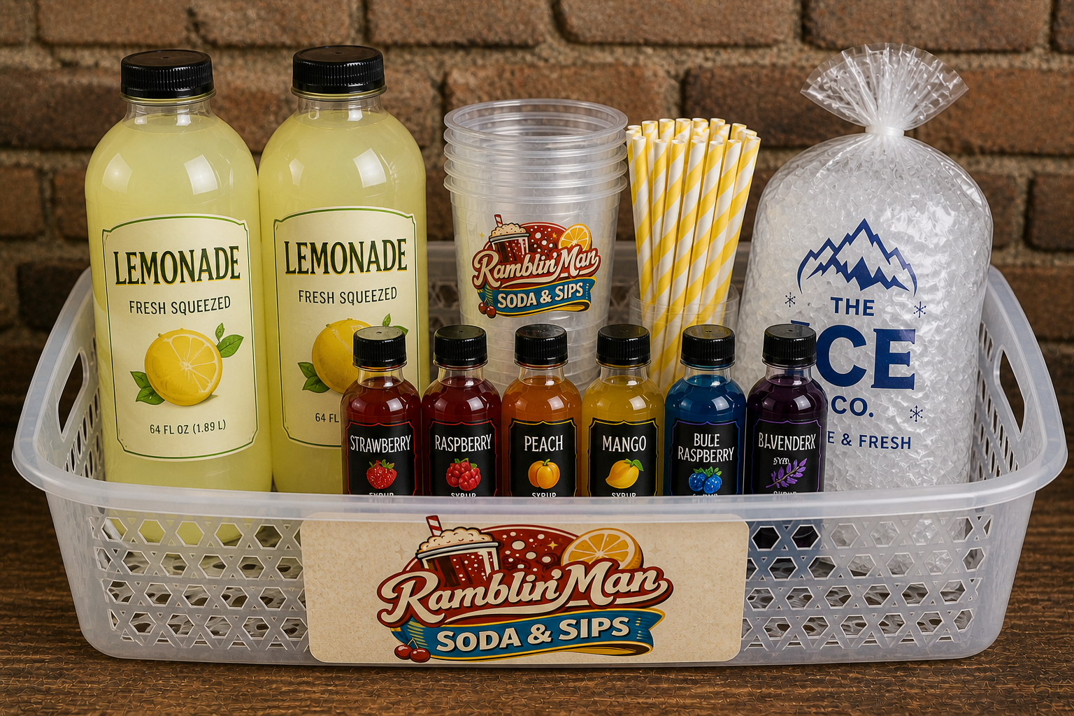 A plastic basket containing bottles of lemon juice, small bottles of flavored syrups, plastic cups, striped straws, a bag of ice, and a sign for Ramblin Man soda and sips, with a brick wall background.