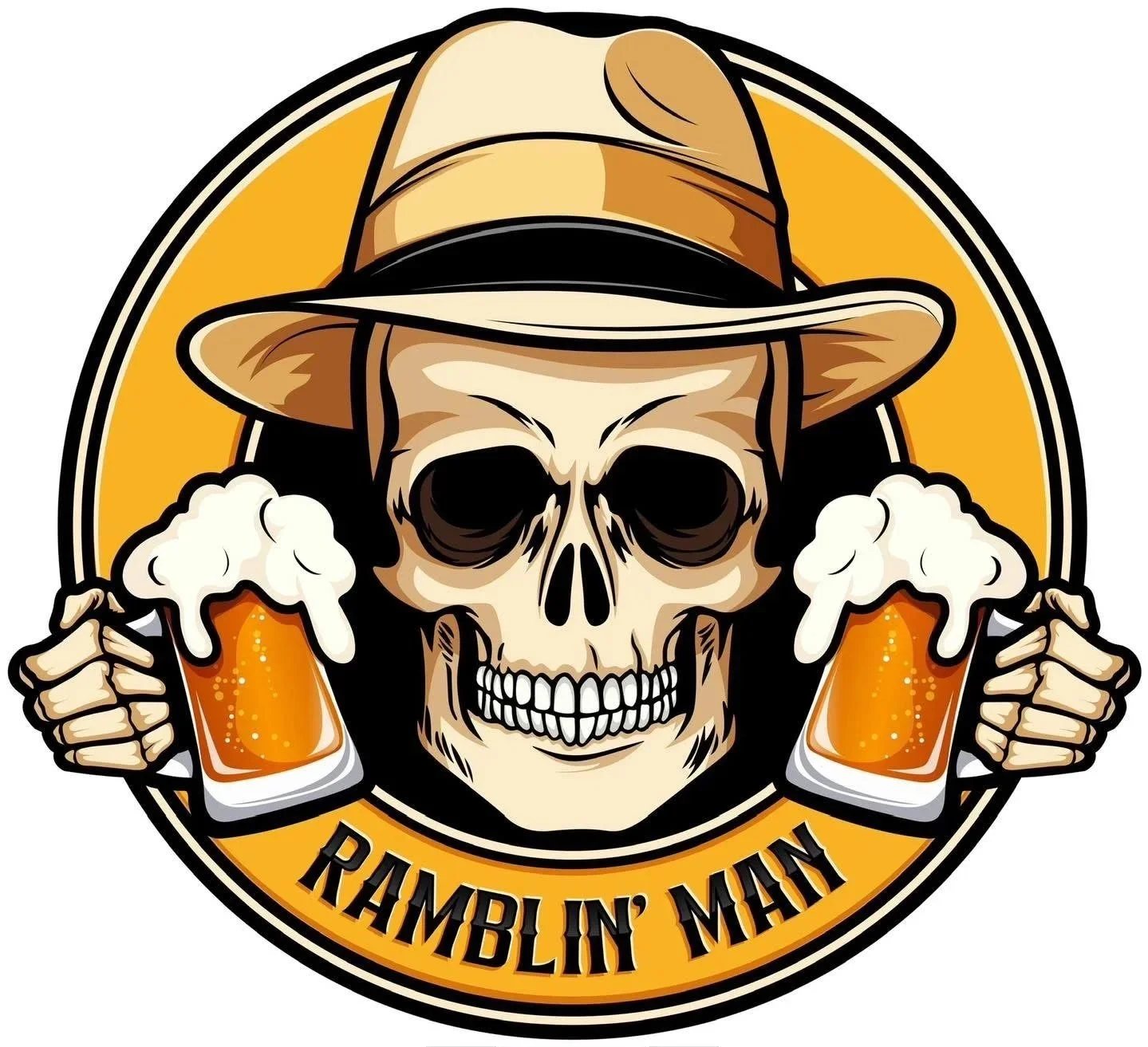 A cartoon skull wearing a cowboy hat holding two mugs of beer with foam, with the words 'Rambler Man' at the bottom.