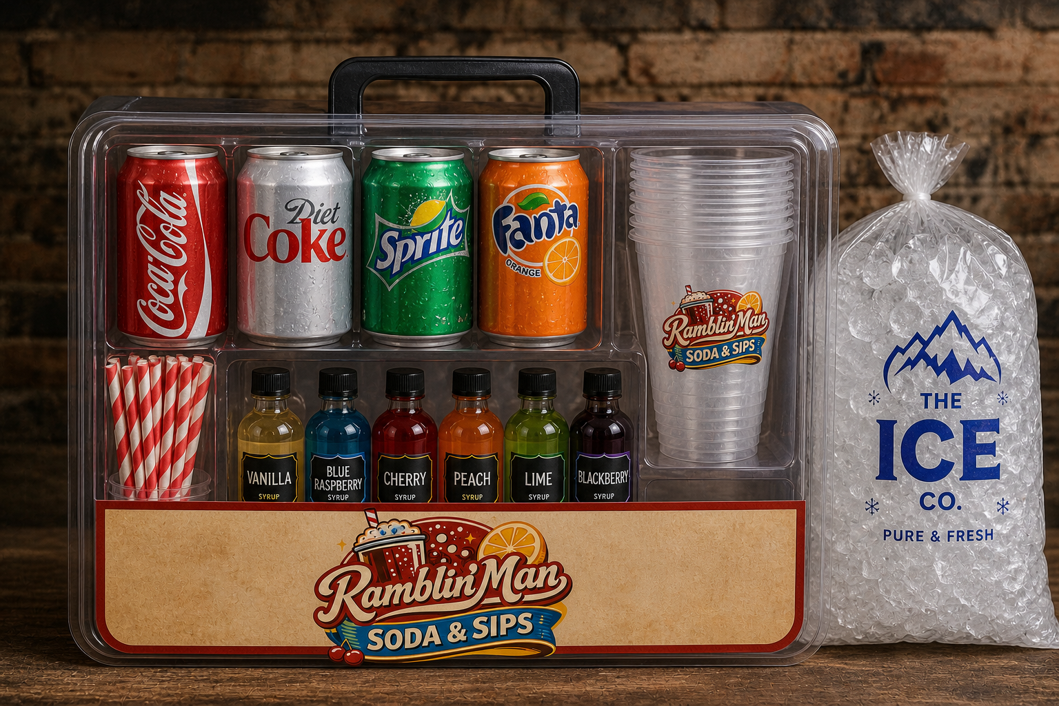 A clear plastic soda and sips kit with cans of Coca-Cola, Diet Coke, Sprite, Fanta, and assorted flavored syrups, along with a stack of branded cups and a bag of ice from The Ice Co.