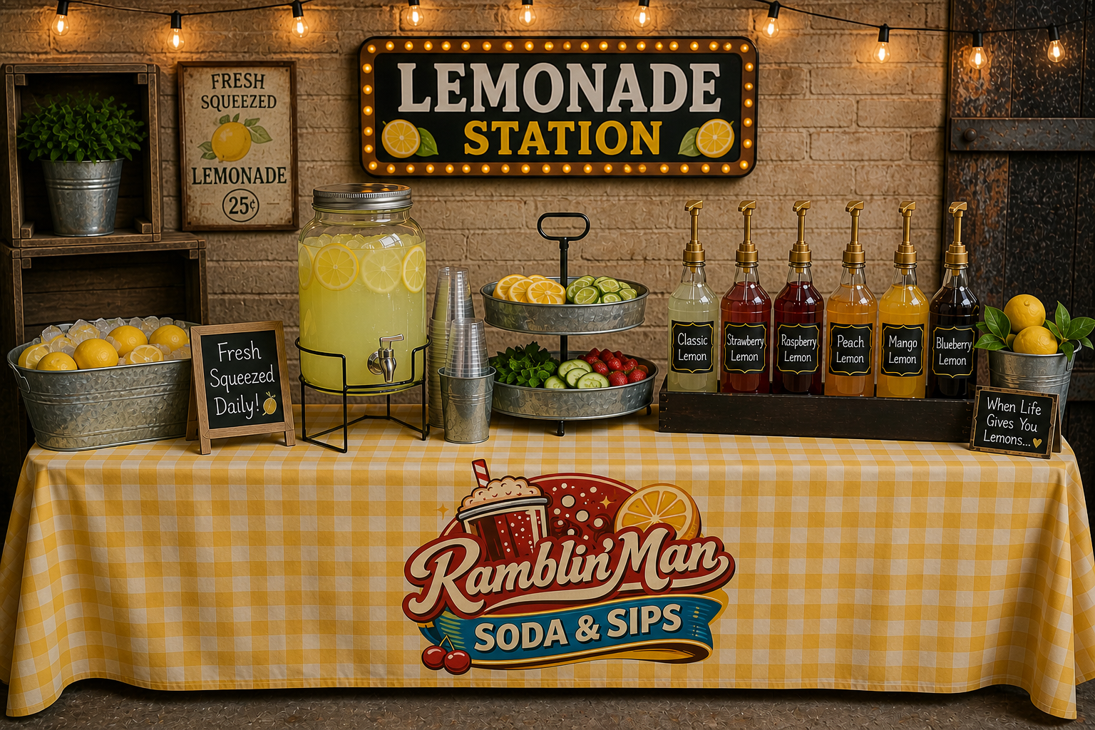 Lemonade stand with a yellow checkered tablecloth, a large glass jar of lemonade, bottles of flavored syrups labeled Classic Lemon, Strawberry Lemon, Raspberry Lemon, Peach Lemon, Mango Lemon, and Blueberry Lemon, lemons, strawberries, cucumbers, and mint leaves. Signage includes "Lemonade Station" with lemon graphics, and decorative signs saying "Fresh Squeezed Daily" and "When Life Gives You Lemons..." String lights decorate the background.