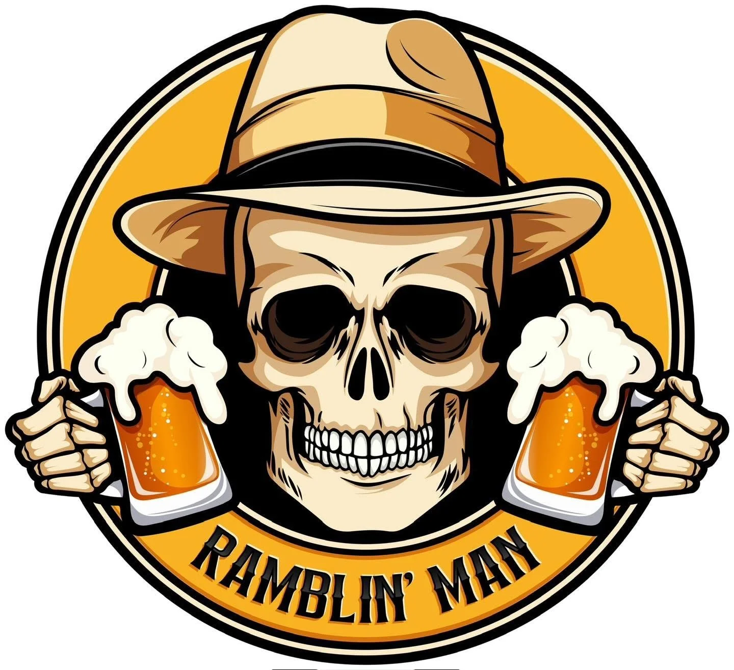 A skull wearing a tan cowboy hat with a black band, holding two mugs of beer with foam, and the text 'Rambin' Man' on a yellow background.