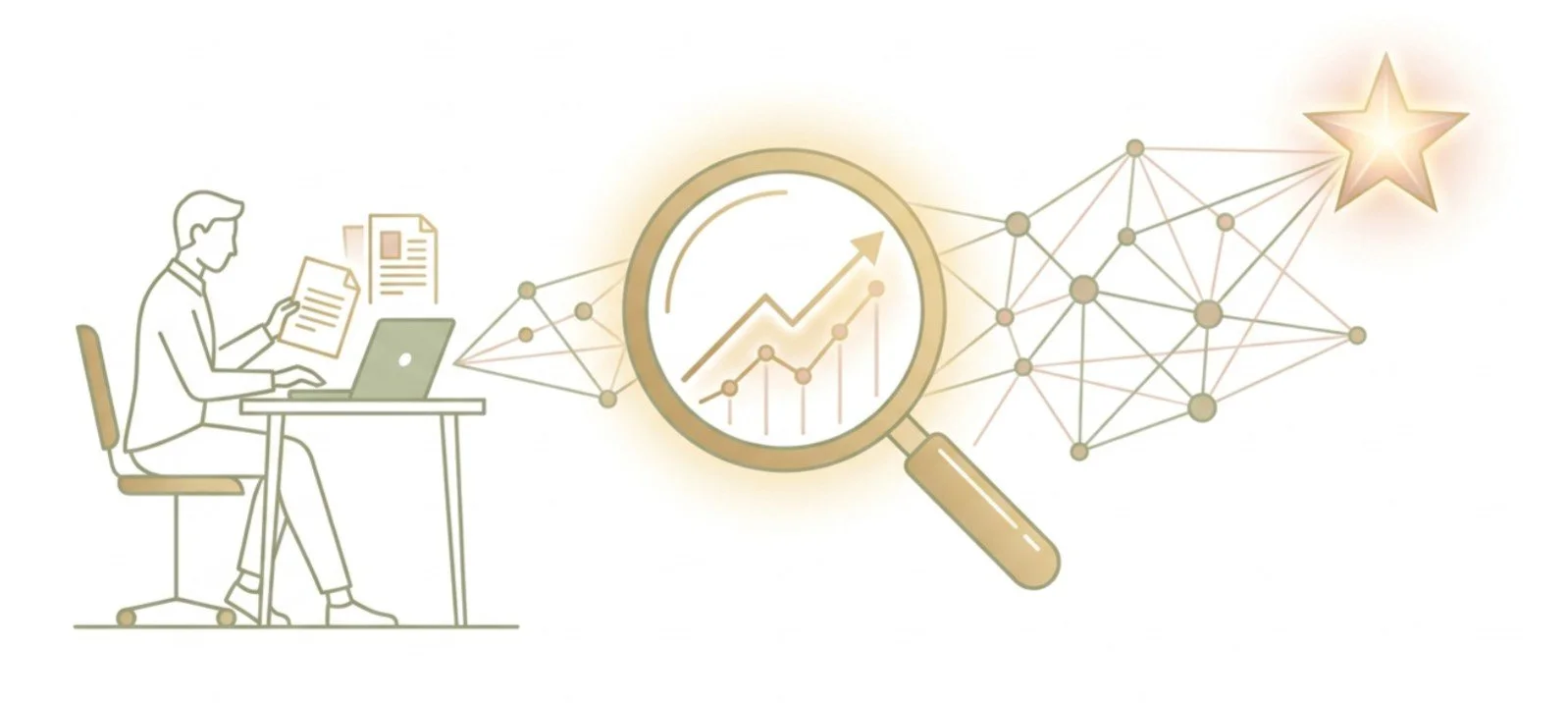 Illustration of a person sitting at a desk with a laptop and documents, with a magnifying glass emphasizing a graph with an upward trend, connected to a network of nodes, leading to a star at the end.
