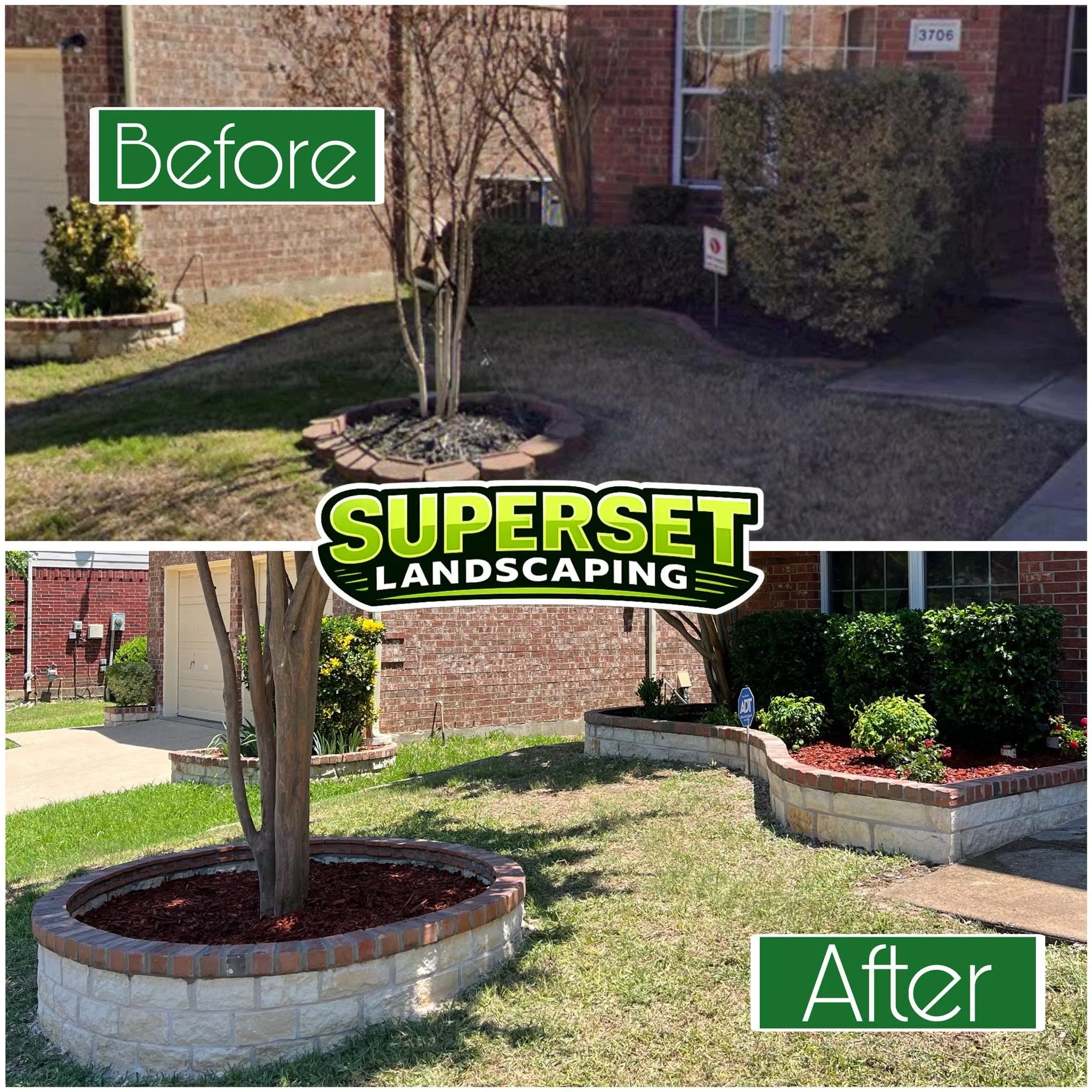 A landscaped front yard with two large brick planters containing small trees and flowering shrubs, a manicured lawn, and bushes. There is a brick house with white window frames in the background, and the image is labeled with a green and white sign reading 'Before' in the upper left corner and an 'After' label at the bottom.