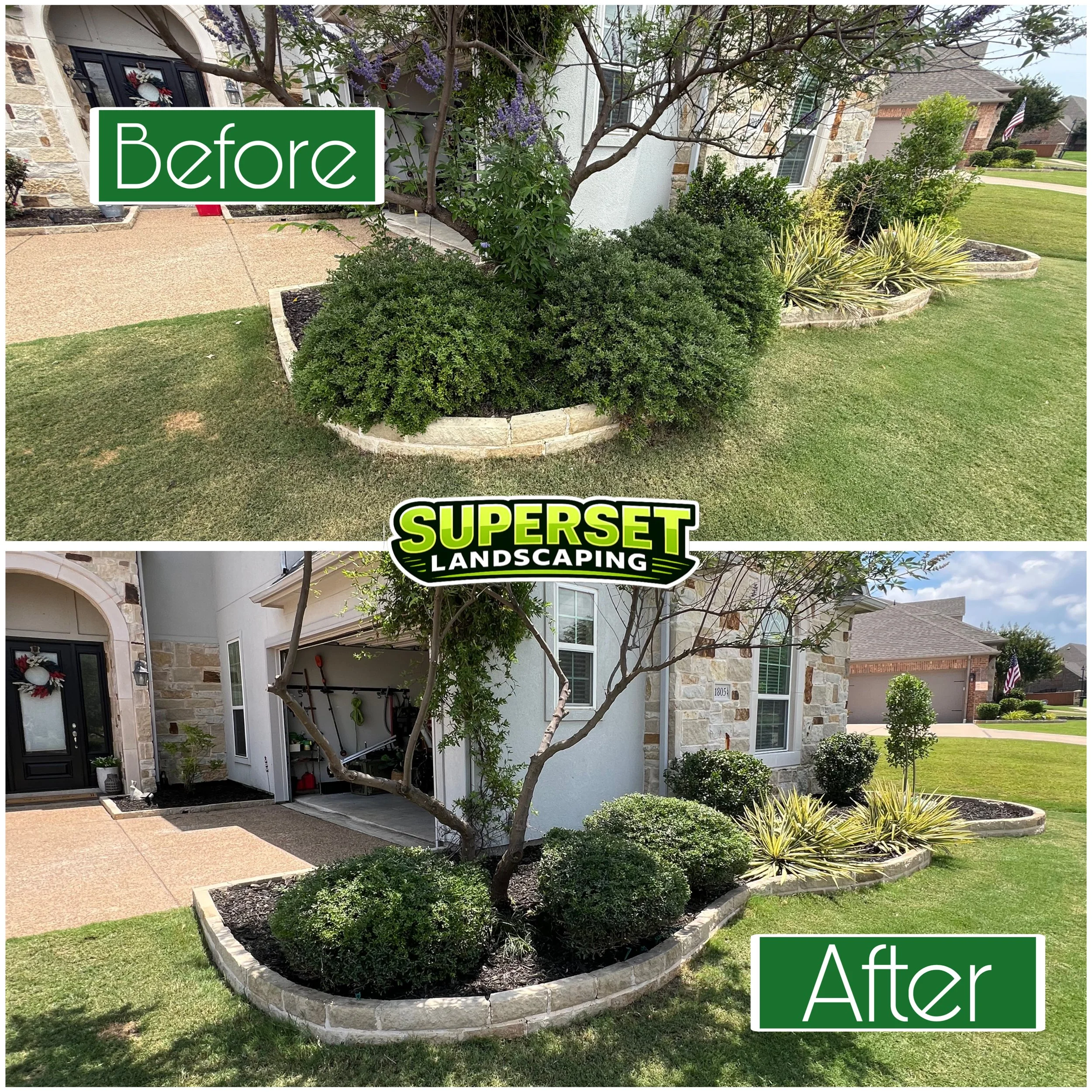 A front yard garden with trimmed bushes, a small tree, and a flower bed with yellow and green plants, with a house in the background. The image has labels indicating 'Before' at the top left and 'After' at the bottom right, showing a landscaping transformation.