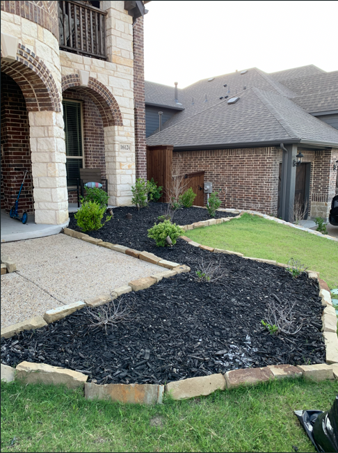 Front yard with a landscaped garden bed filled with black mulch, small green bushes, and a gravel path edged with beige bricks, in front of a brick house with stone accents.