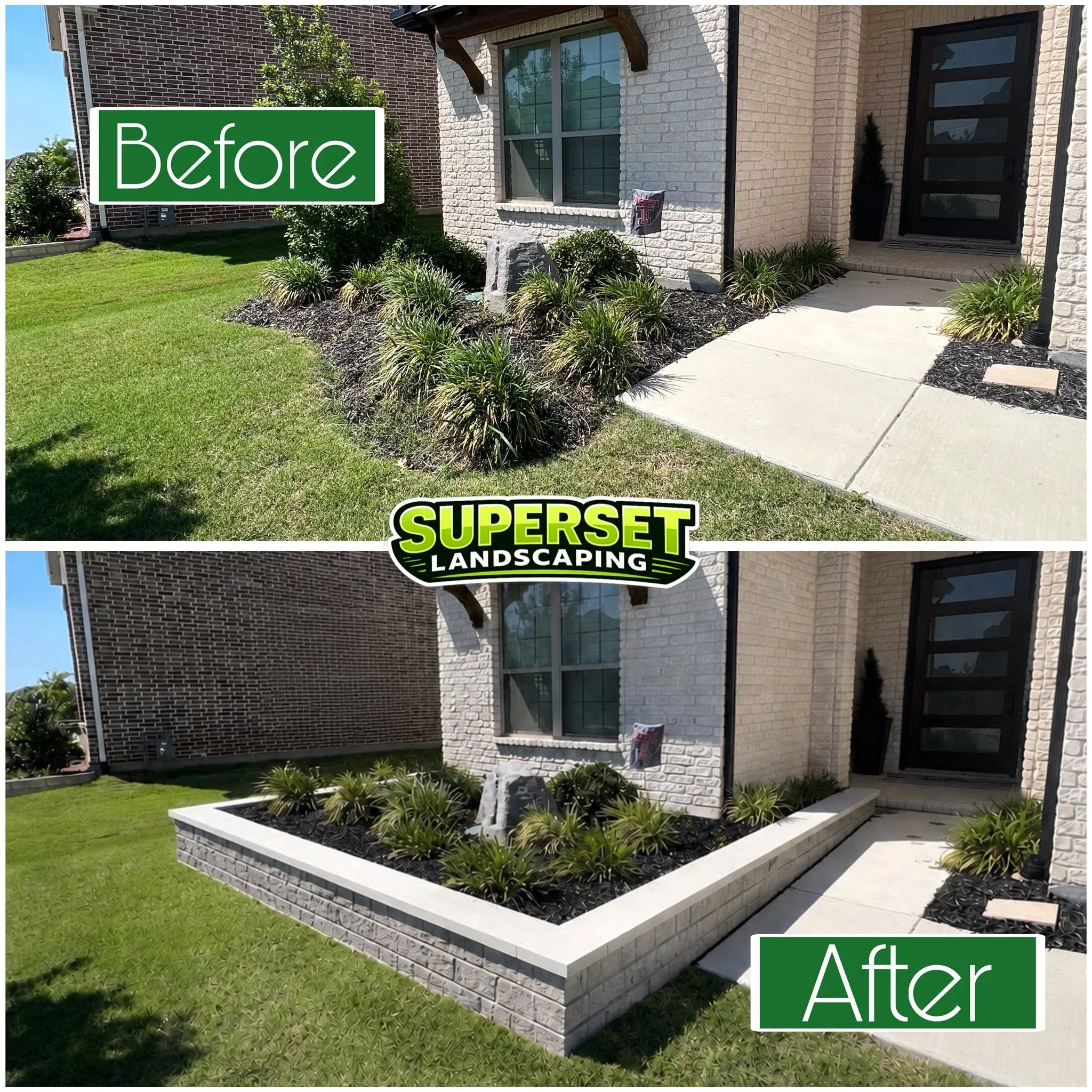Side view of a modern brick house with a well-maintained garden and a concrete pathway leading to the front door. The garden has ornamental plants and a raised flower bed with the words 'Before' and 'After' indicating a landscaping transformation.