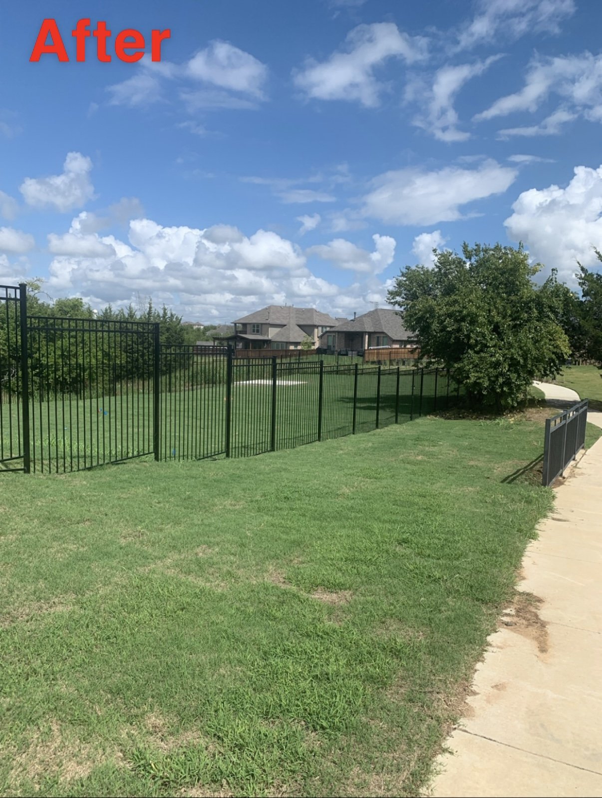 A backyard with a newly installed black metal fence, green grass, a sidewalk along the fence, and houses in the distance under a partly cloudy blue sky. The word 'After' is written in red at the top left corner.