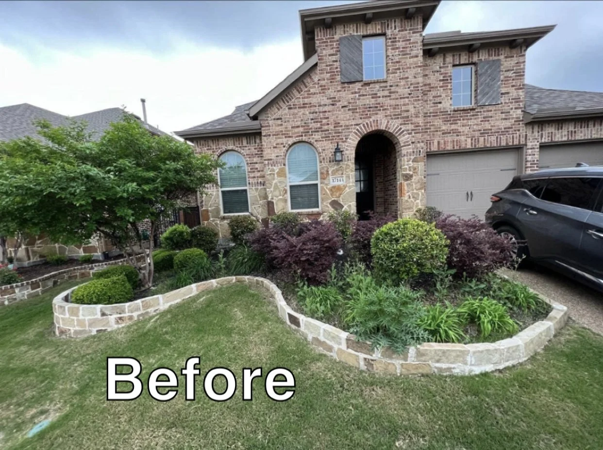 A brick house with a front yard garden featuring various shrubs and trees, and a driveway with a parked black SUV. The word "Before" is displayed at the bottom of the image.
