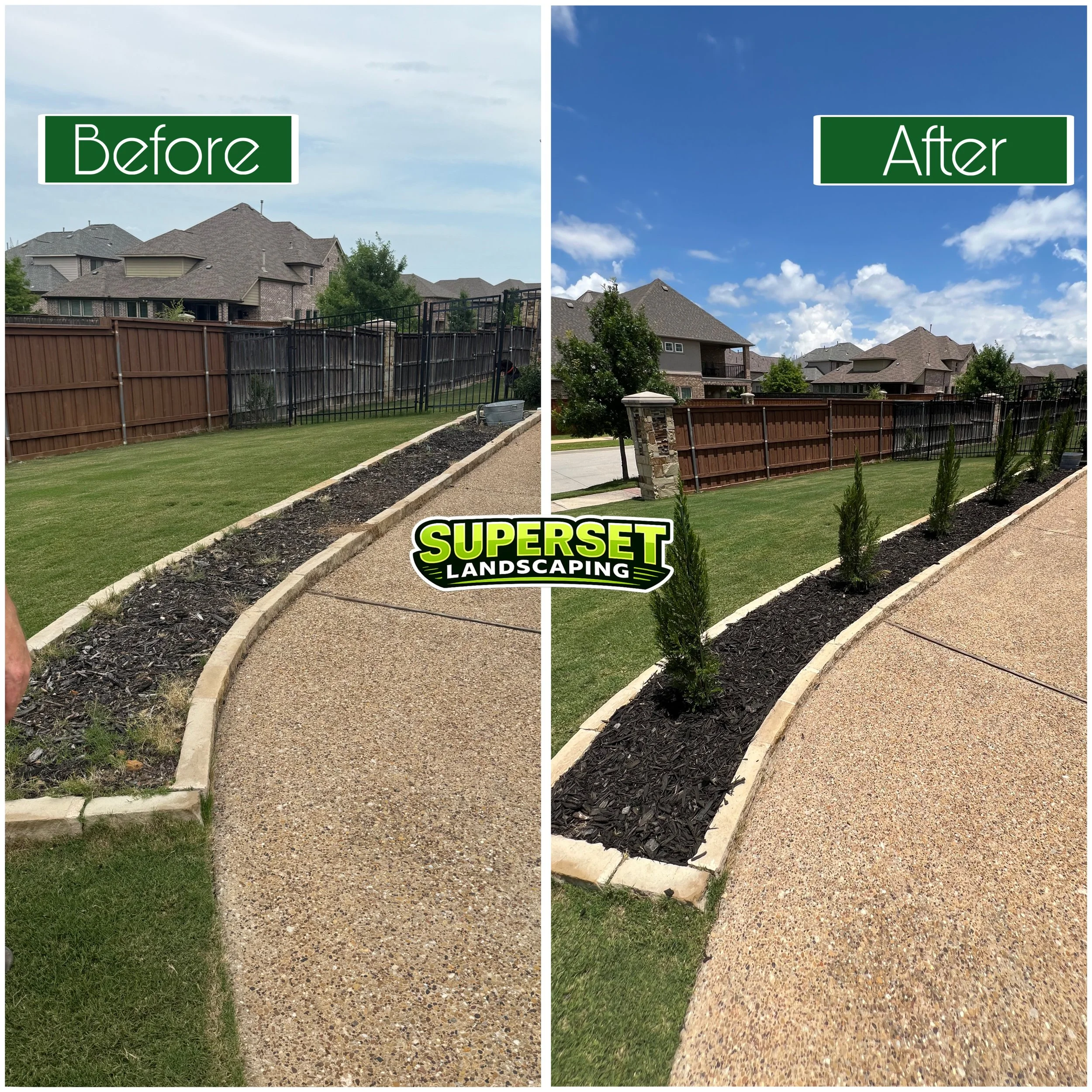Comparison of a backyard with and without professional landscaping. Left side shows a plain yard with a basic fence, while right side displays a landscaped yard with a neatly curbed garden bed filled with dark mulch and newly planted bushes, under a partly cloudy sky.