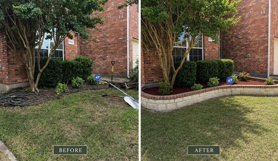 Split image showing a yard before and after landscaping. The left side (before) has a patchy lawn, garden tools, and a garden hose on the ground, while the right side (after) features a neatly landscaped yard with trimmed bushes, a hedge, mulch, and a brick border around the garden bed.