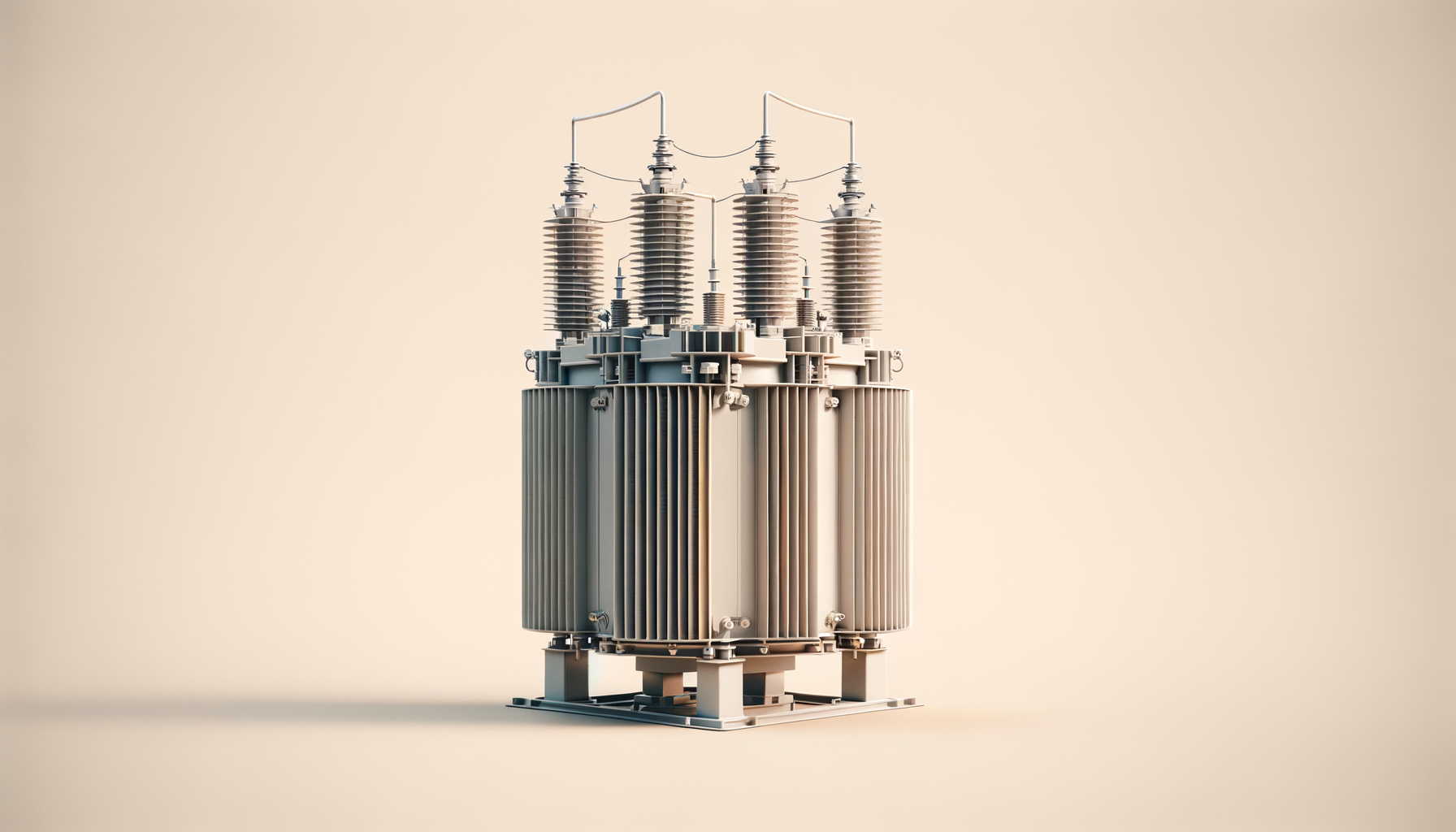 A detailed digital rendering of a large electrical transformer with three tall insulators on top, set against a plain, neutral background.