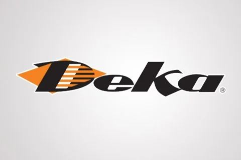 Deka logo with black, orange, and white design on a gray background.