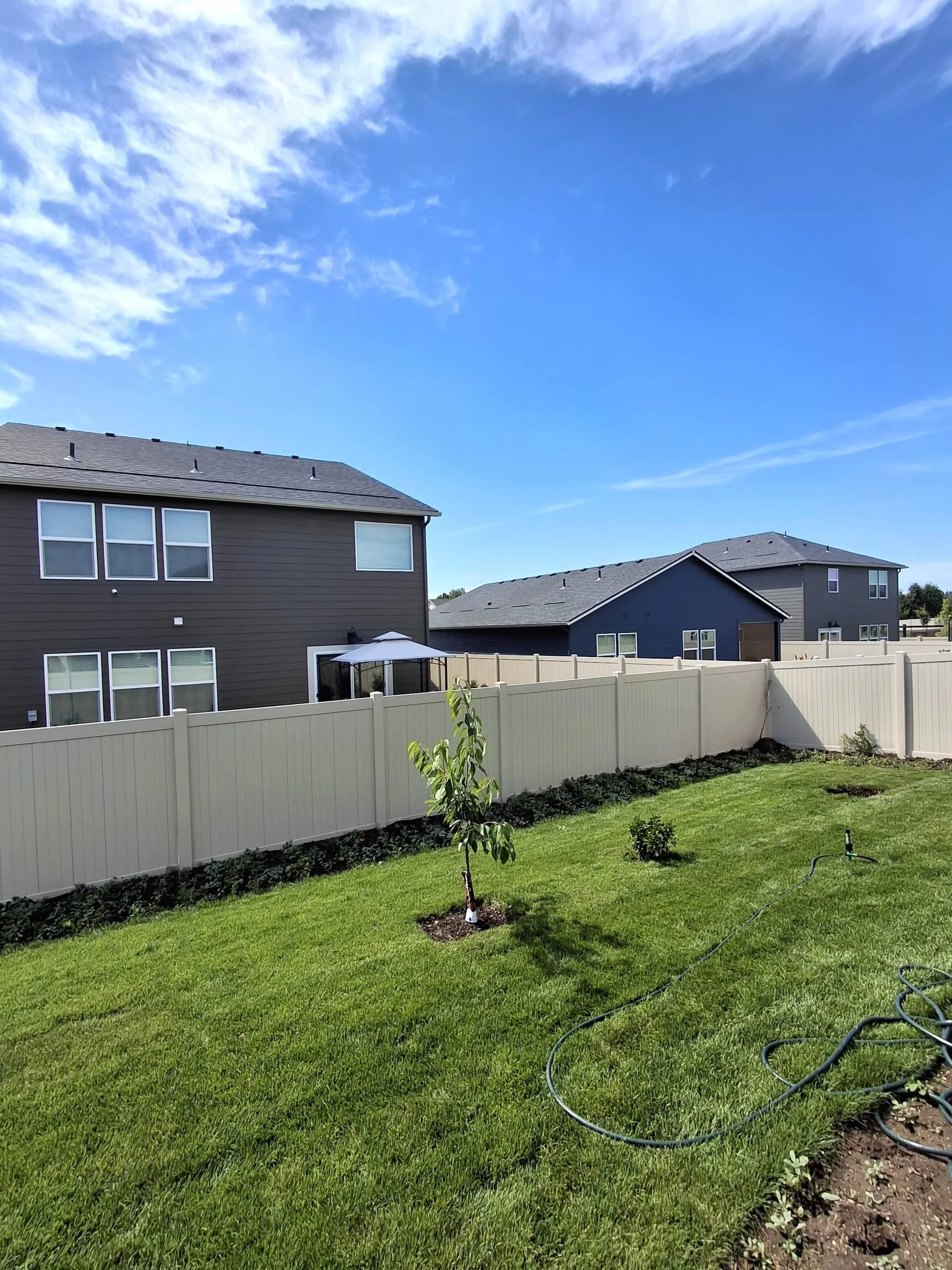 A backyard with a green lawn, a young tree, and a white fence. There are two houses with dark siding and gray roofs. The sky is blue with some scattered clouds.
