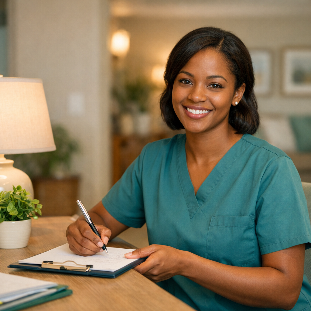 A smiling woman wearing teal medical scrubs sitting at a desk, writing in a notebook, with a plant and lamp nearby.