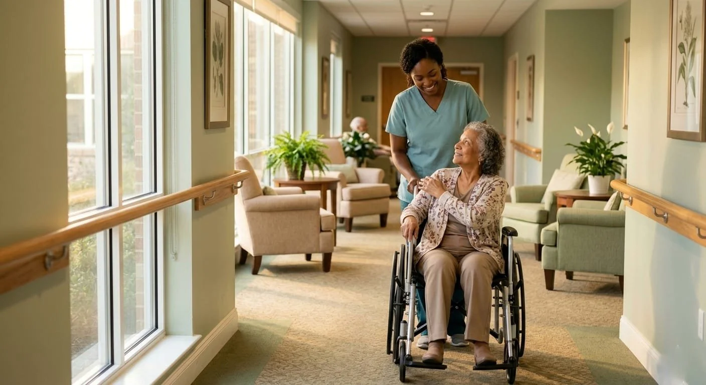 A nurse pushes an elderly woman in a wheelchair down a hallway in a care facility, both smiling and looking at each other.