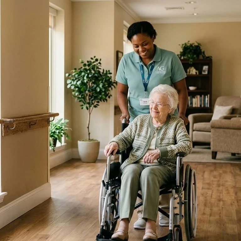 A caregiver helping a smiling elderly woman in a wheelchair in a bright, cozy room with plants, bookshelves, and a comfortable sofa.