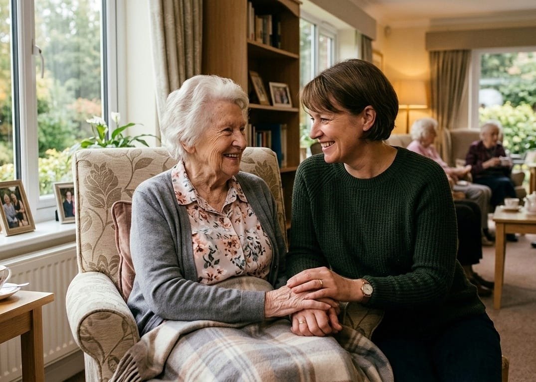 A young woman and an elderly woman sitting in a Sunroom, holding hands and smiling at each other. The Sunroom has large windows with curtains, wooden shelves, and other elderly women in the background.
