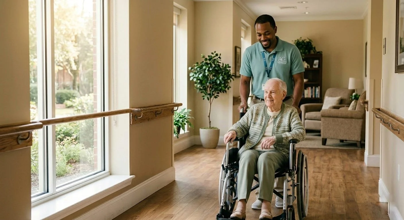 A caregiver pushes an elderly woman in a wheelchair down a hallway in a nursing home or assisted living facility with large windows and bright sunlight.