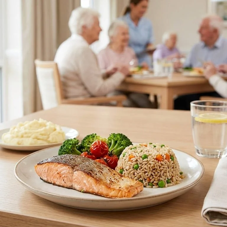 A plate of grilled salmon with mixed vegetables and rice pilaf on a dining table, with a glass of water and a side of mashed potatoes in the background, in a dining room with elderly people and a caregiver in the background.