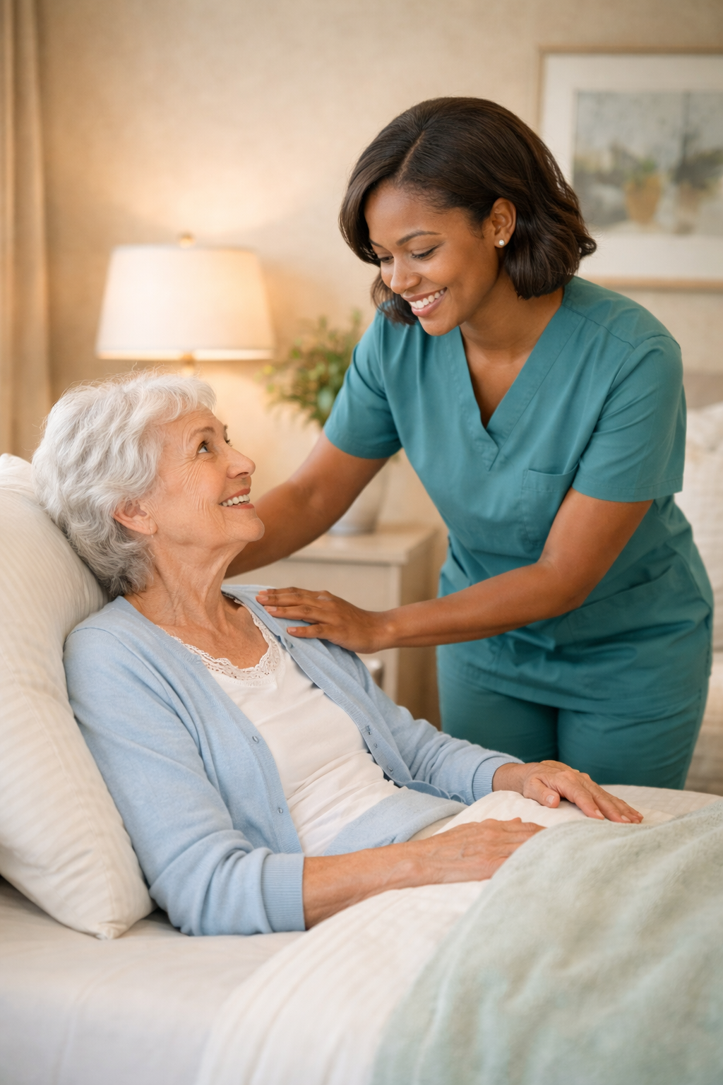 Nurse smiling at elderly woman in bed, comforting her in a cozy bedroom.