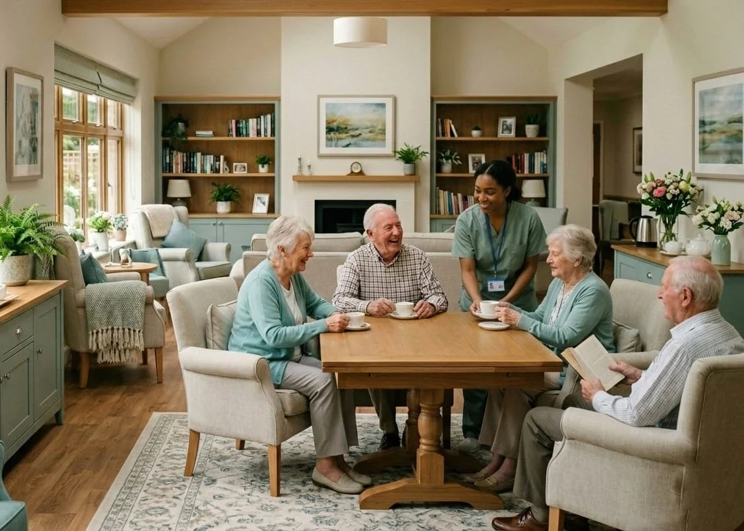 A group of elderly people sitting around a wooden table in a bright, cozy living room, engaging in a conversation with a caregiver or staff member. Some are holding cups, one person is reading a book, and there are bookshelves, plants, and framed pictures in the background.