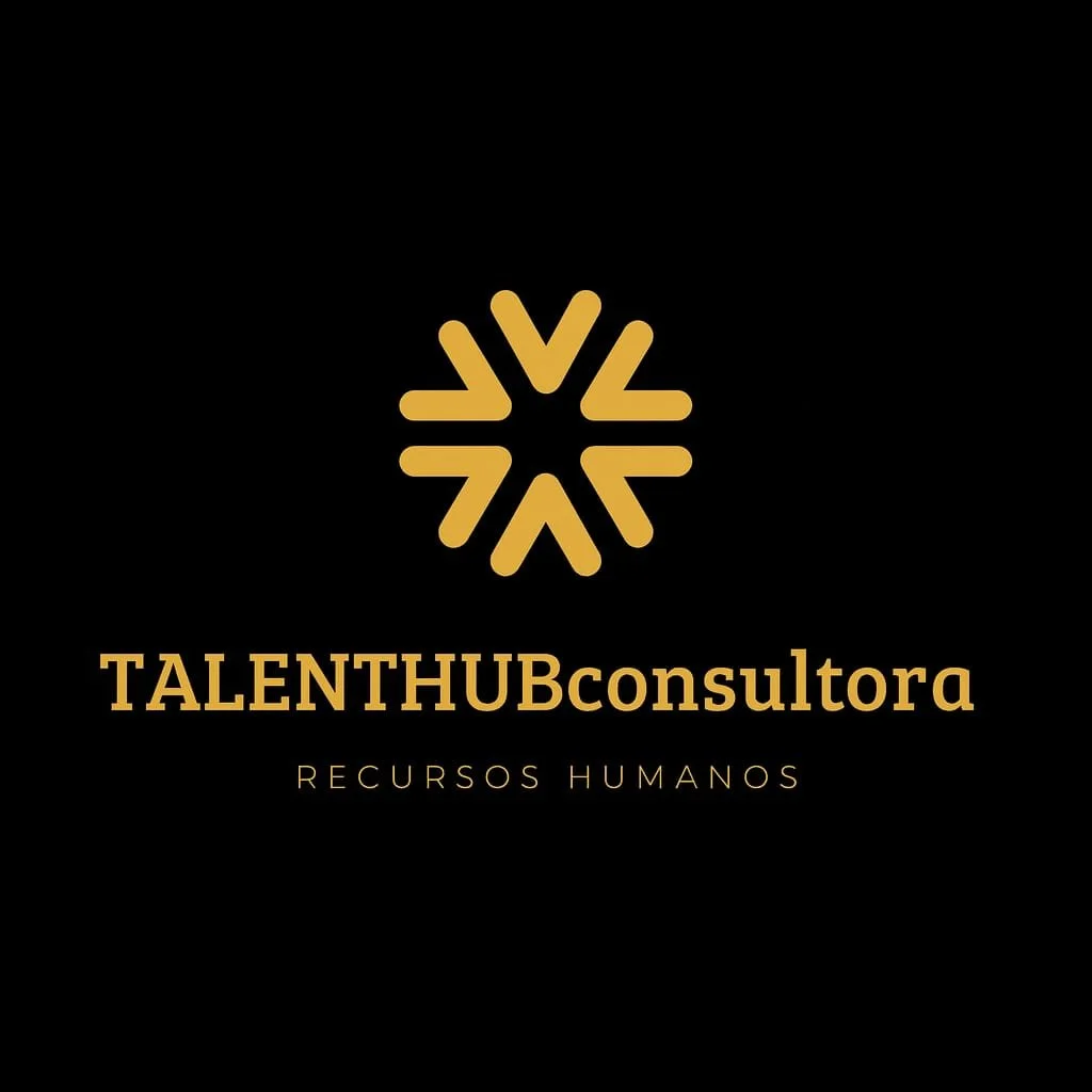Logotipo de TalenthUBconsultora con texto en oro y fondo negro, que dice 'TALENT HUB consultora' y 'RECURSOS HUMANOS'.