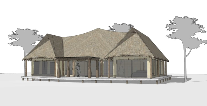 Rendering of a large, single-story house with a steep roof and wraparound porch, surrounded by trees.