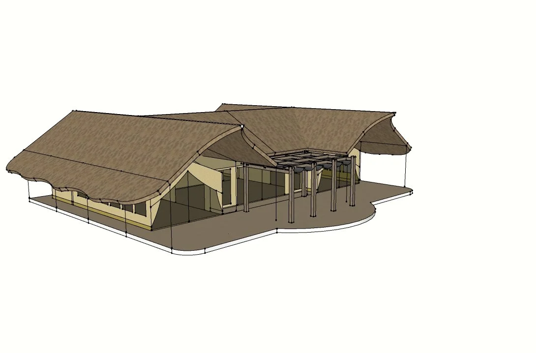 A 3D model of a building with a large curved roof, glass walls, and wooden support columns.