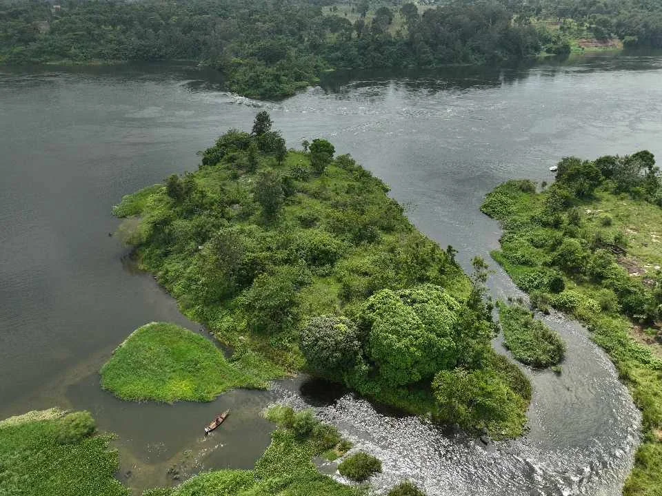 Aerial view of a green island with trees and shrubs surrounded by a river with a small boat near the shore.