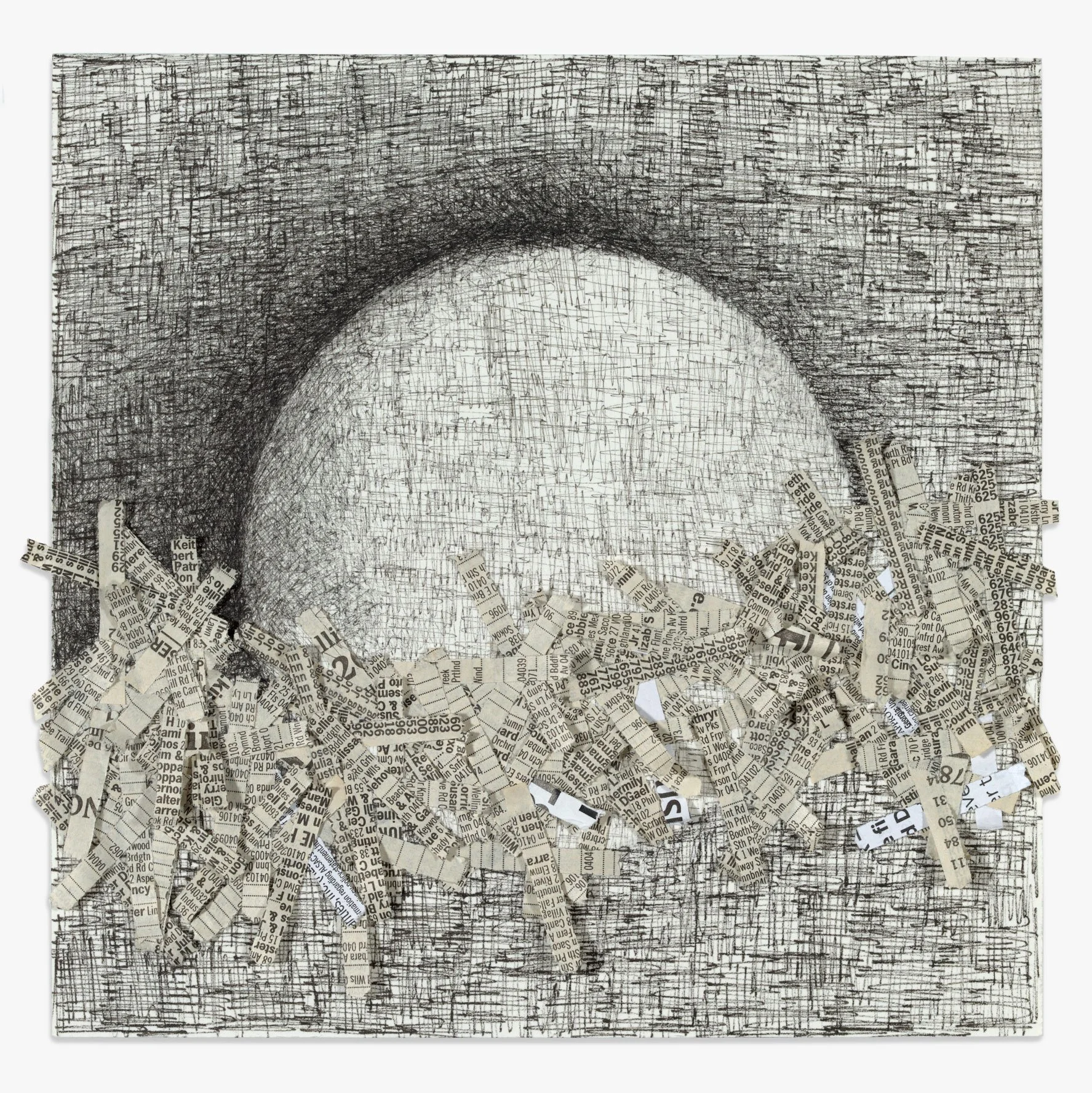  Untitled (from La Chimera del Oro)  
7.75 x 7.75 inches (artwork)
16.125 x 16.125 inches (framed)  
Ink and paper fragments on paper  
2025