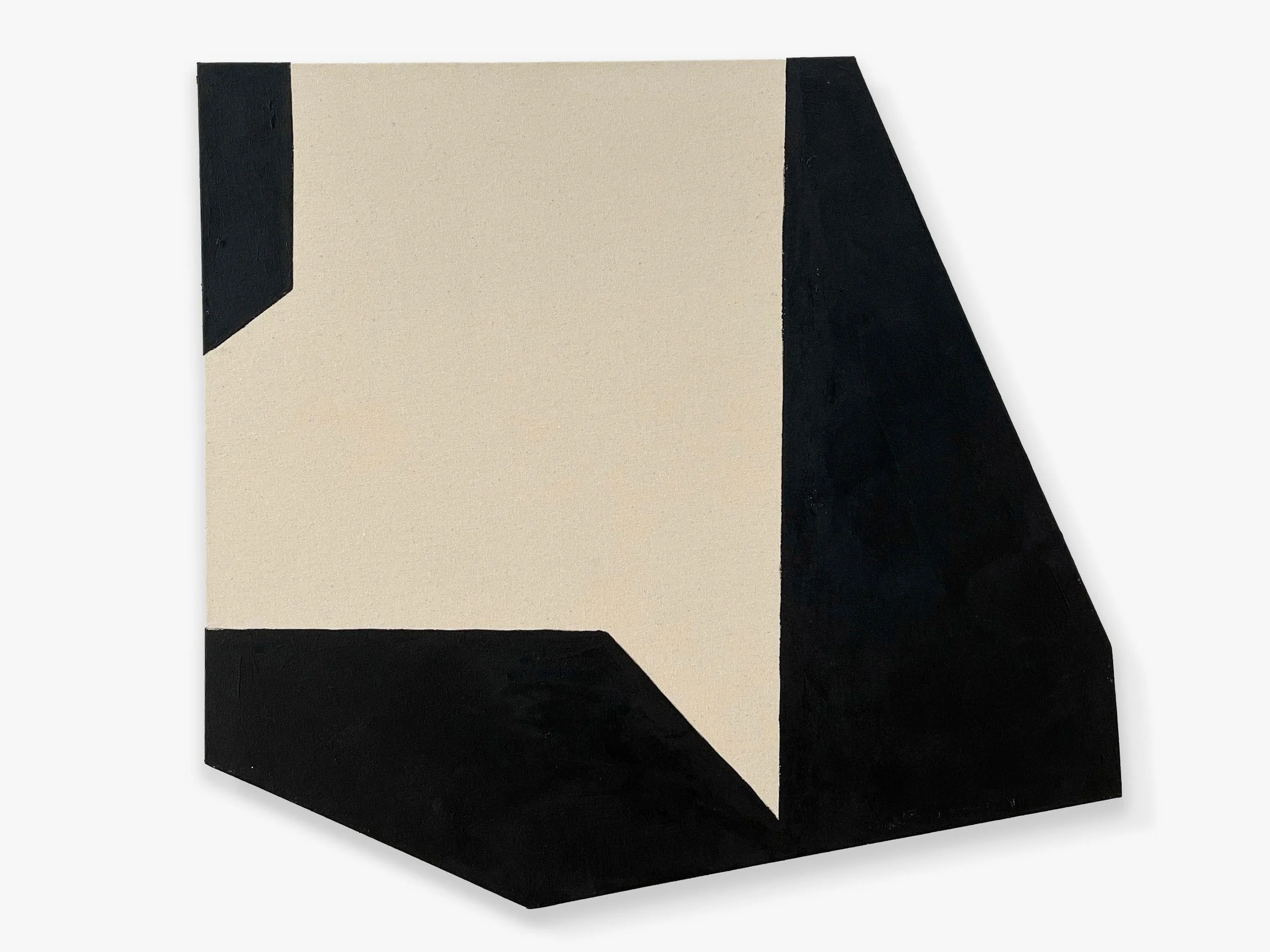 A black and white geometric abstract painting with sharp angles and contrasting colors.