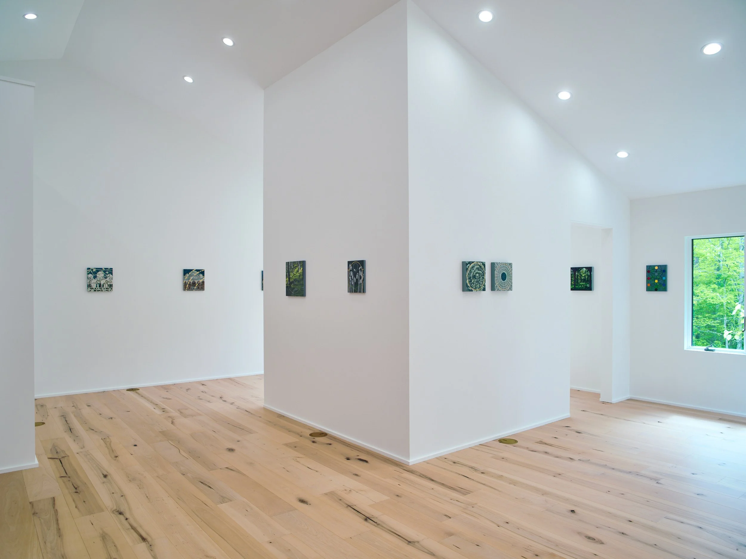 A contemporary art gallery with white walls decorated with small paintings, light-colored wooden flooring, and a large window showing a green outdoor area.
