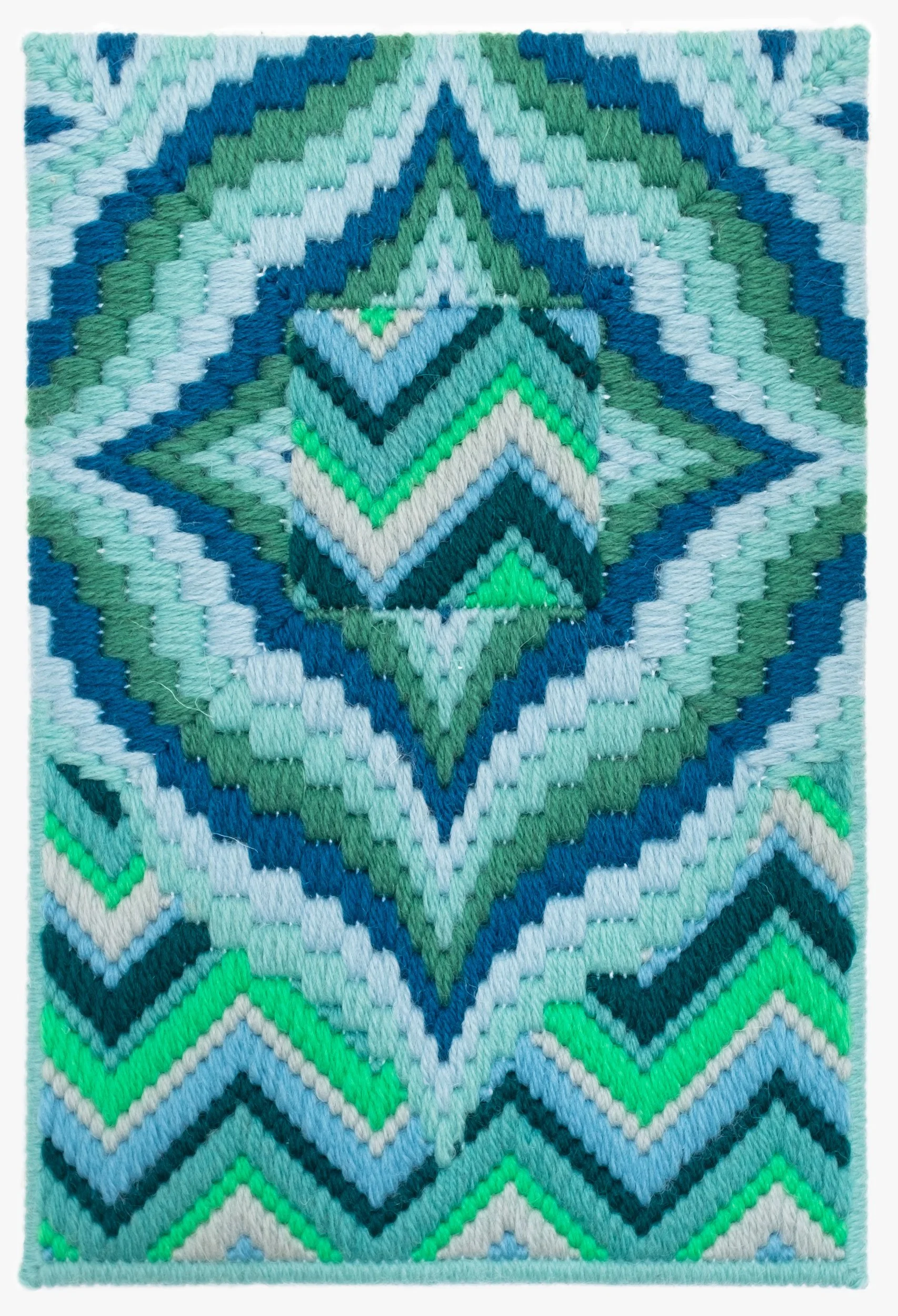 Cecilia Charlton 
 Rainbows on Titan (in memoriam to my childhood drawings) (turquoise)
  
9.5 x 6.25 inches 
Hand-embroidered wool yarn on cotton canvas over panel  
2020