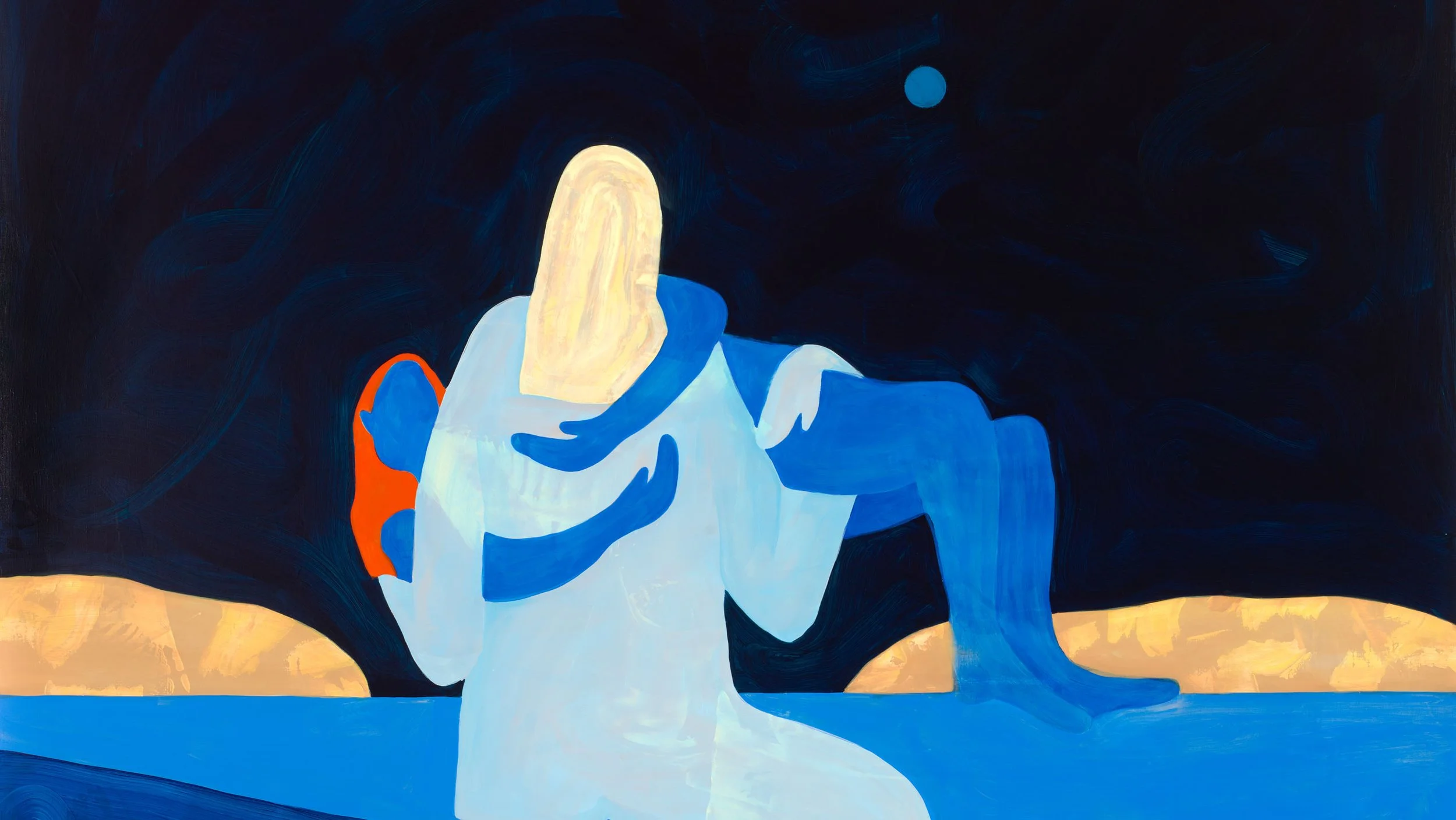 Abstract painting of two people embracing, with one person's face obscured, against a dark night sky backdrop with a moon.