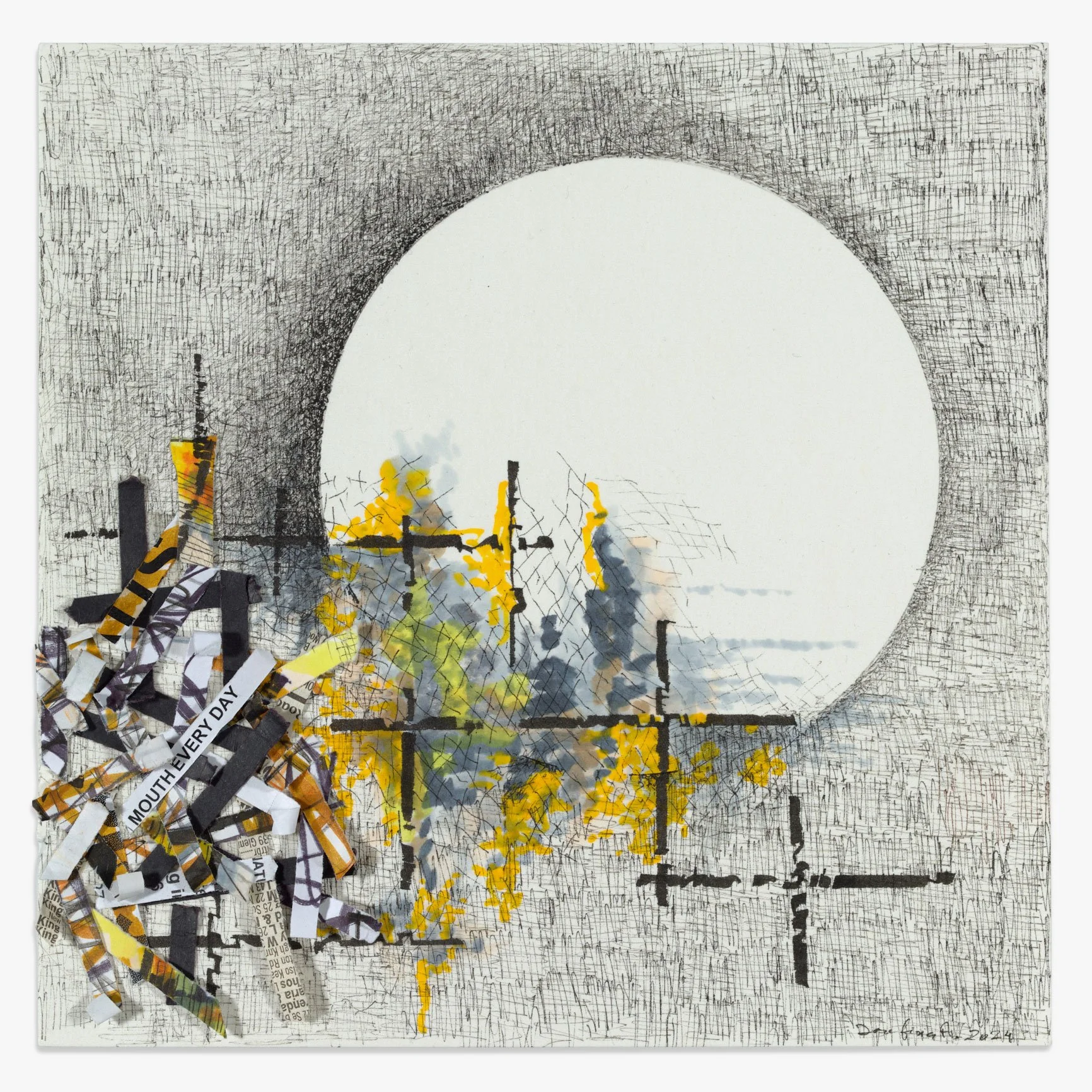  Untitled (from La Chimera del Oro)  
7.75 x 7.75 inches (artwork)
16.125 x 16.125 inches (framed)  
Ink and paper fragments on paper  
2024