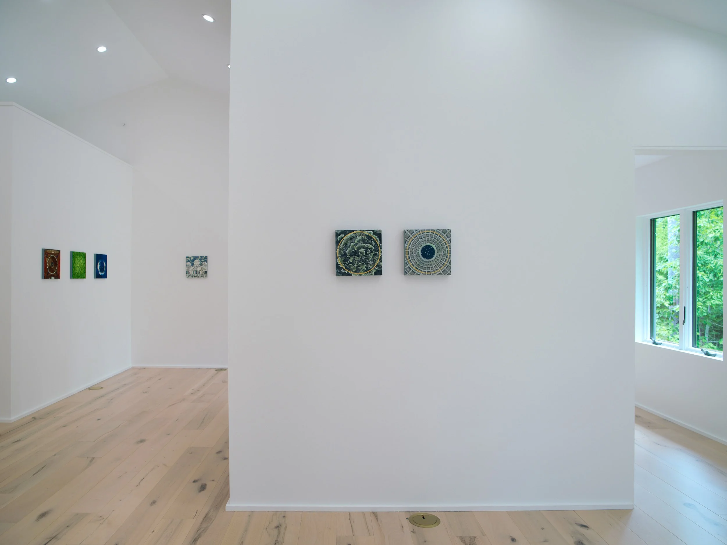 Photo of an art gallery with colorful artworks on a white wall, high ceiling, and large window showing green trees outside.