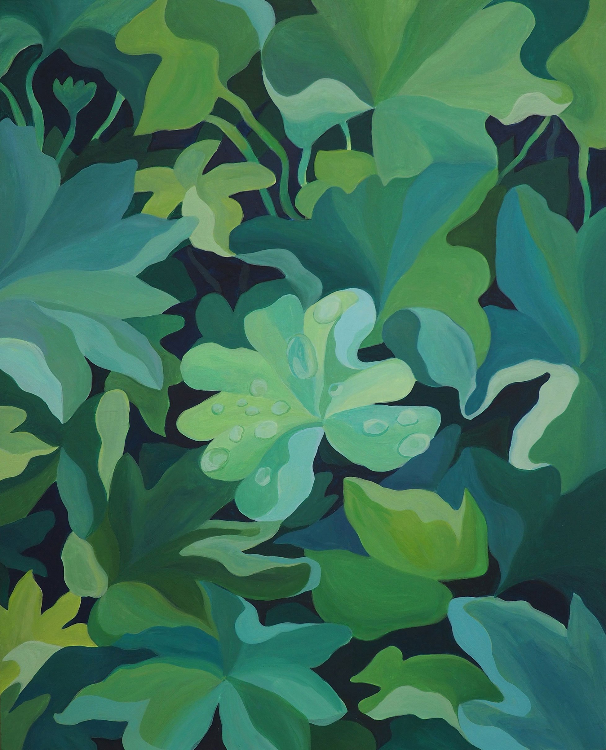 Abstract painting of green and blue overlapping leaves with a black background.
