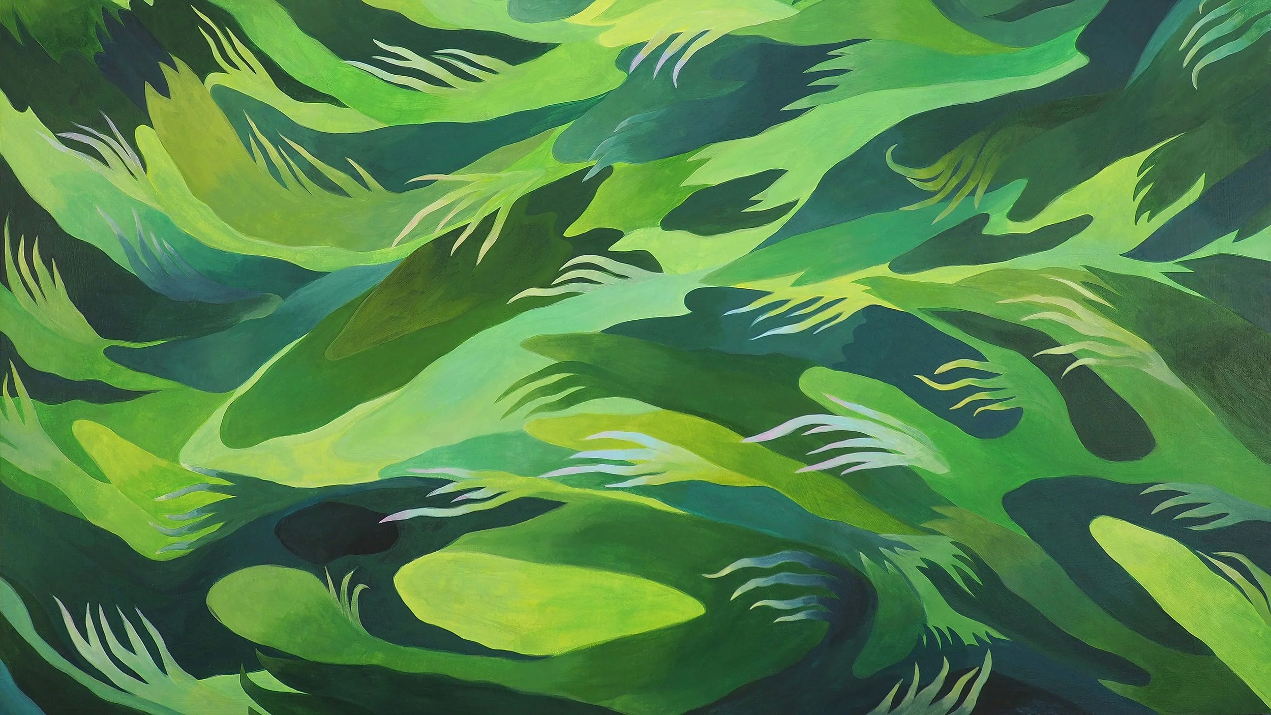 A painting of overlapping green and yellow tropical fern leaves with hints of blue in the background.