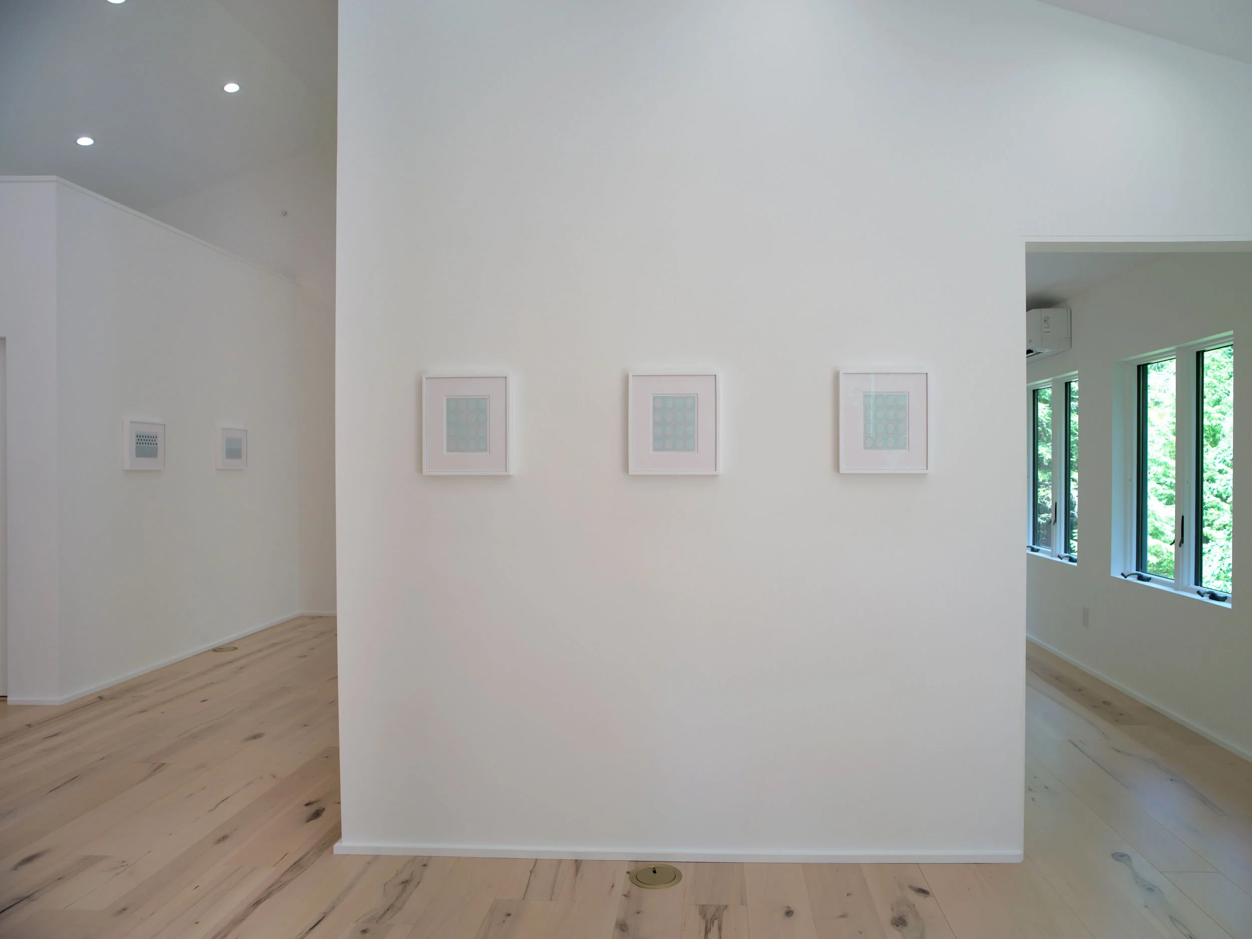 Interior of a modern house with white walls, windows showing greenery outside, framed artwork on the wall, and wooden flooring.