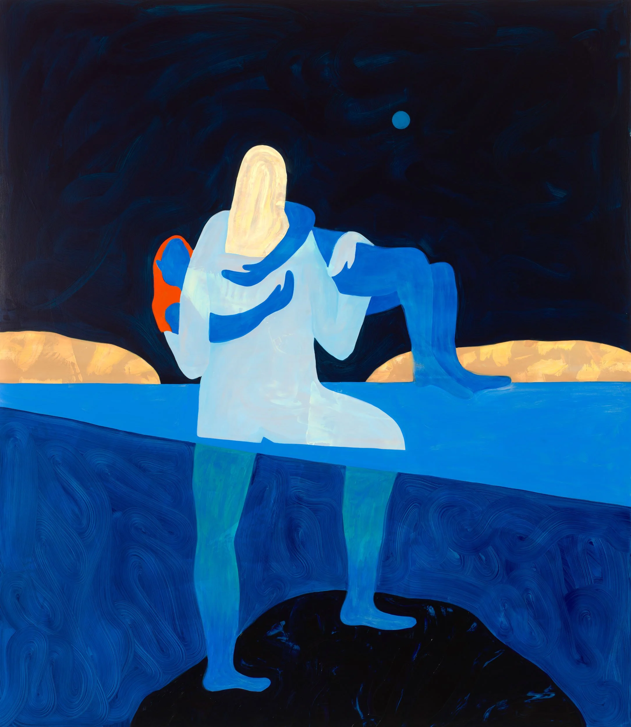 Abstract artwork featuring a nude woman in a backbend pose, with a black background, a red dot below her, and an irregularly shaped, colorful structure at the bottom.