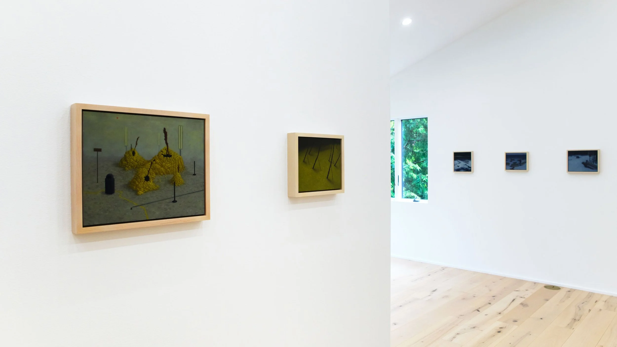 Art gallery with framed paintings on white walls, natural light through windows, light wood flooring.