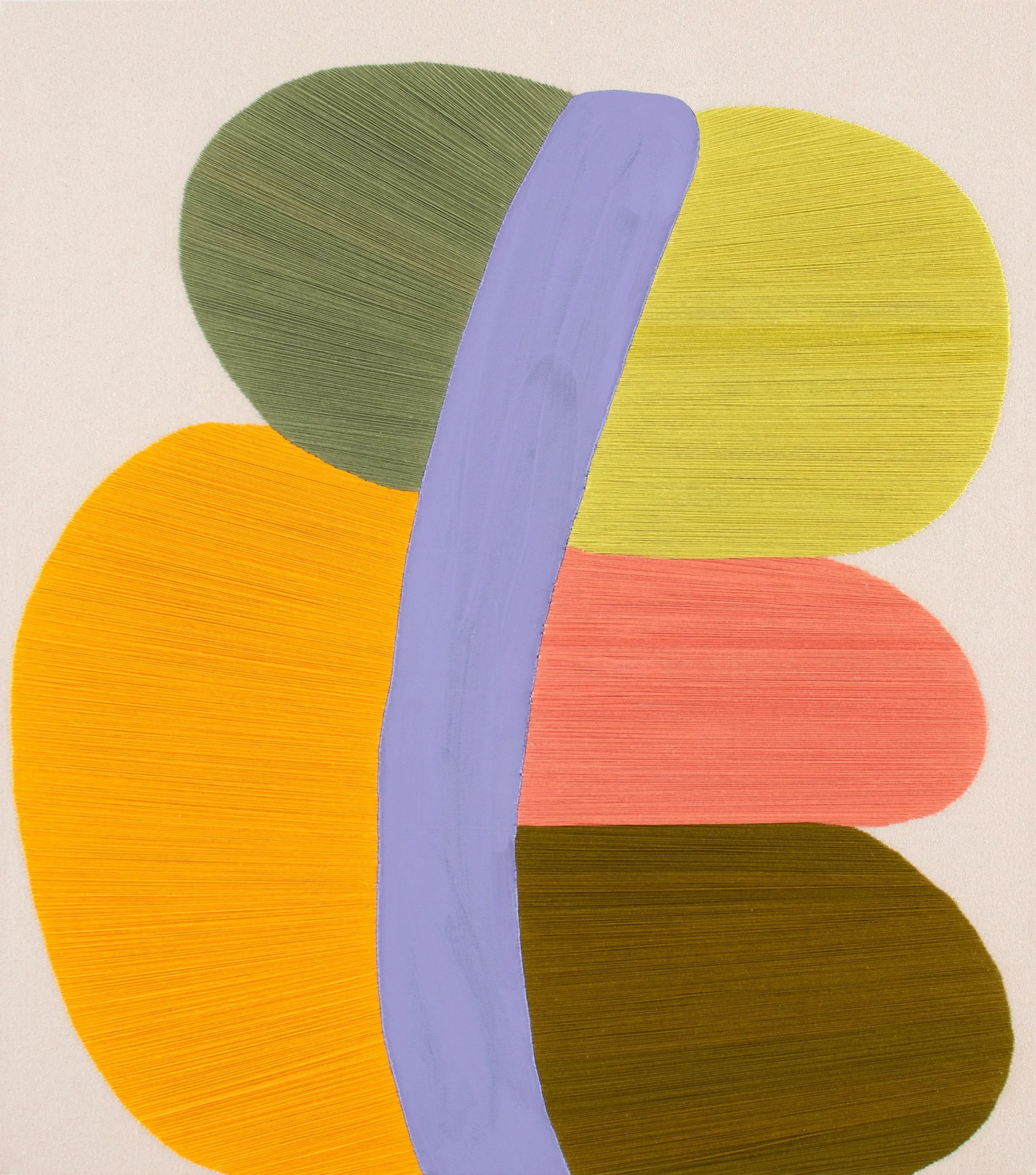 Close-up of colorful textured paper or fabric with curved overlapping shapes in yellow, orange, green, purple, and pink on a light background.