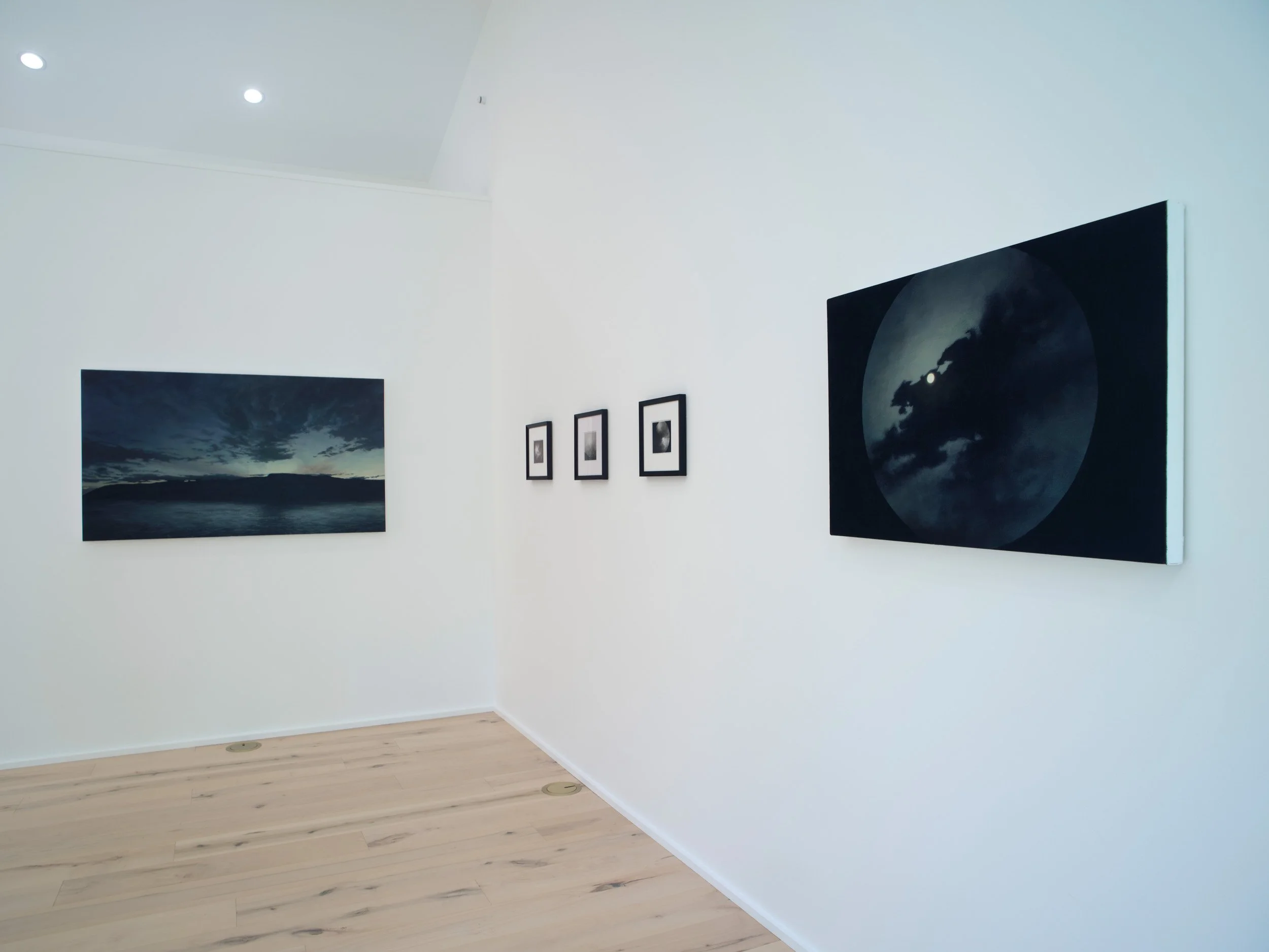 An art gallery with white walls displaying framed photographs and paintings, including a landscape and moon-themed artwork, with a light wood floor and ceiling lights.