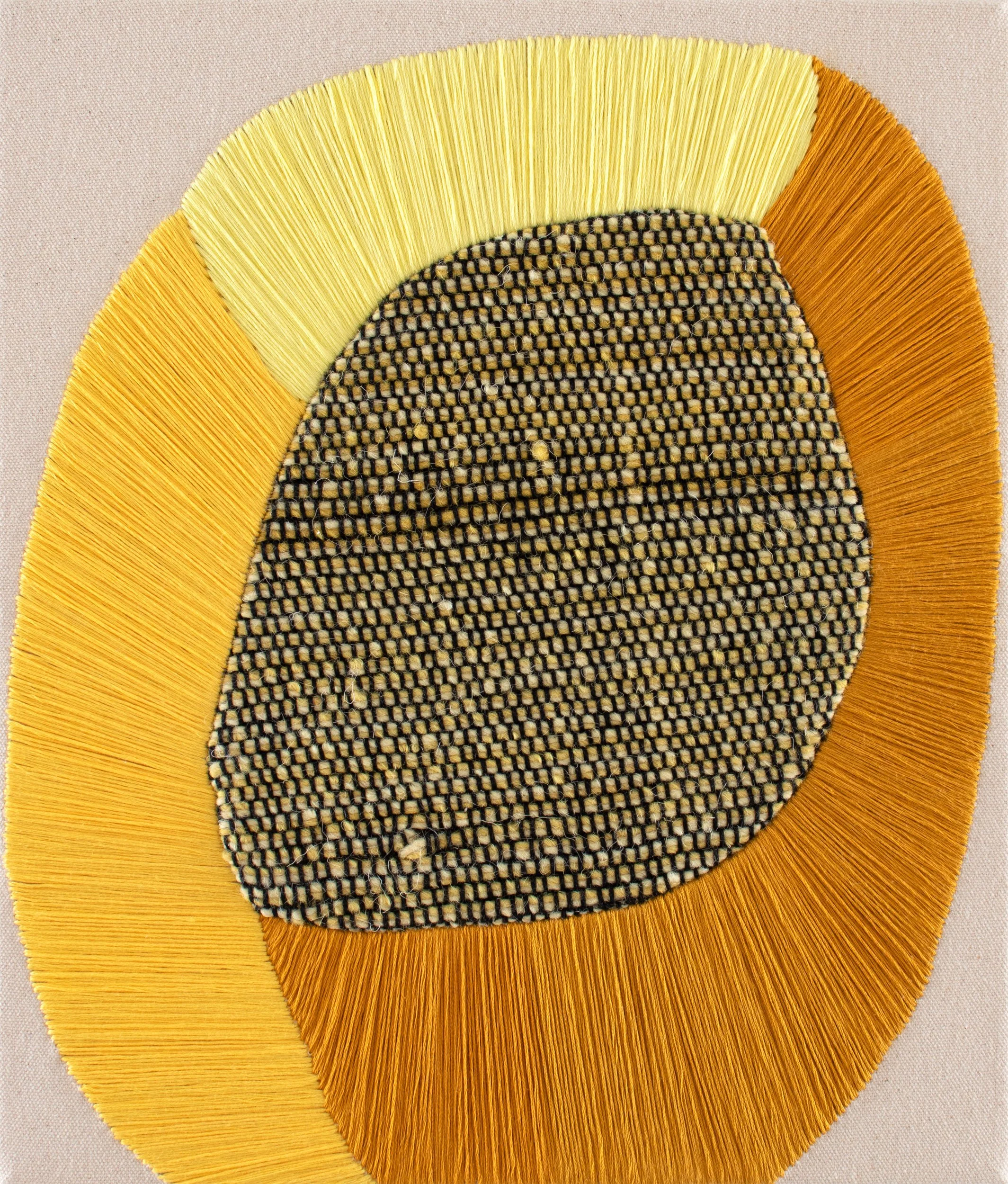 Amanda Valdez 
 The Golden Way  
14 x 12 inches 
Hand-woven textile of cotton and hand-dyed wool, embroidery, and canvas 
2025