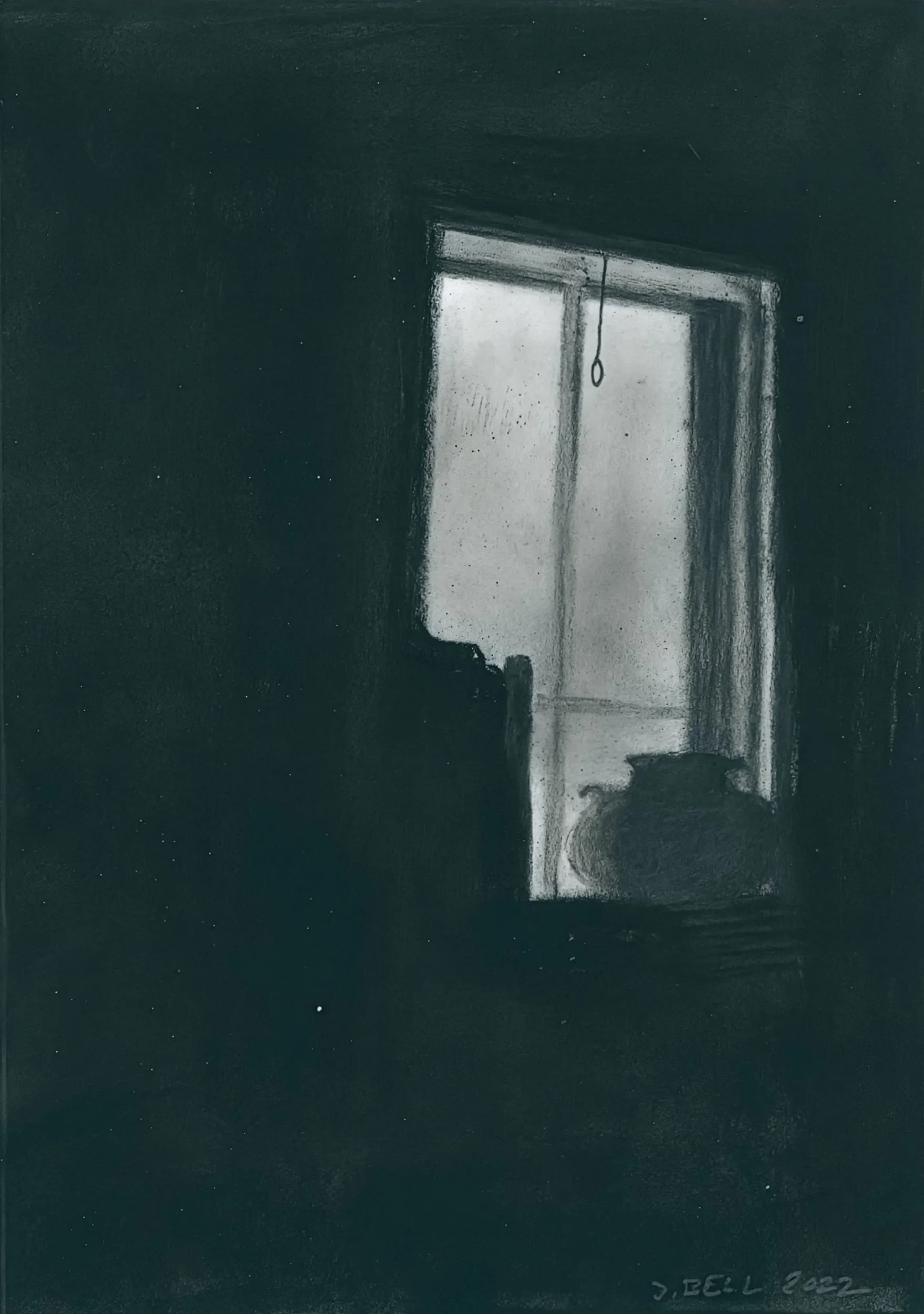  Bedroom window, first light  
4.5 x 3 inches  
Charcoal on mylar  
2023 [drawings]