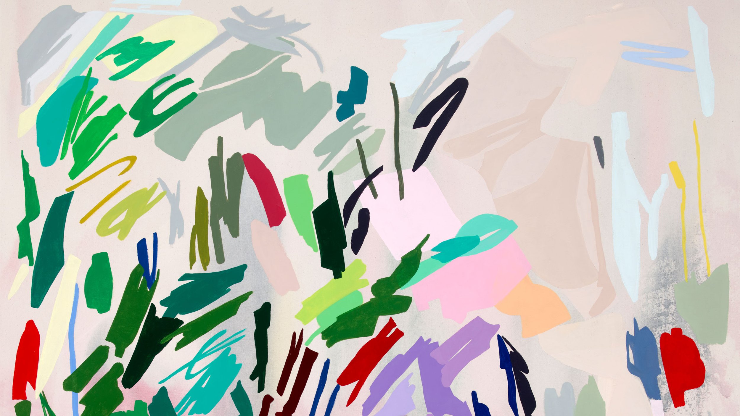 Abstract colorful painting with various brushstrokes and colors including green, red, pink, purple, blue, yellow, black, and white.