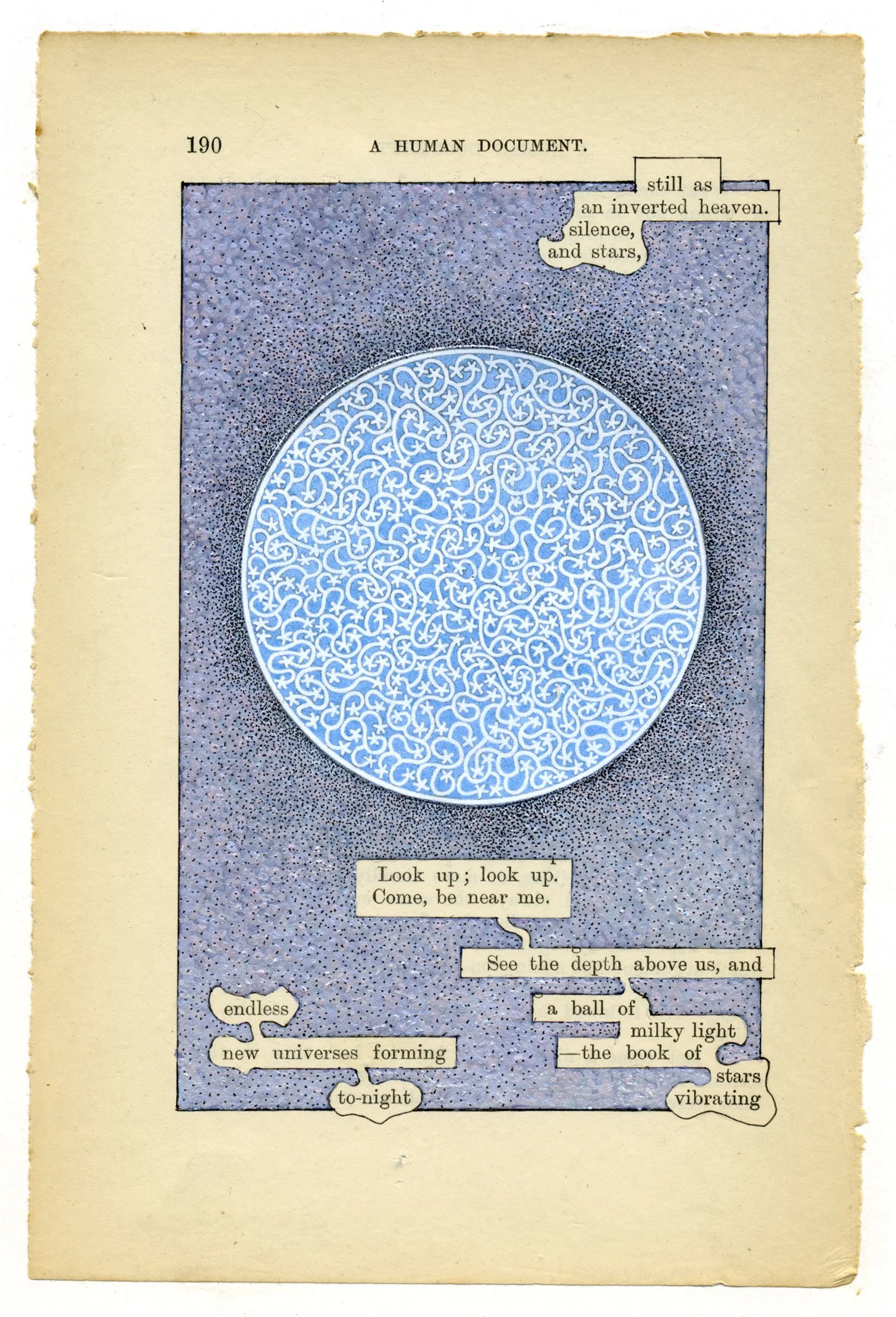 A vintage illustrated page titled "A Human Document" with a circular starry pattern, with text prompts about looking up and approaching the stars, suggesting a poetic or cosmic theme.