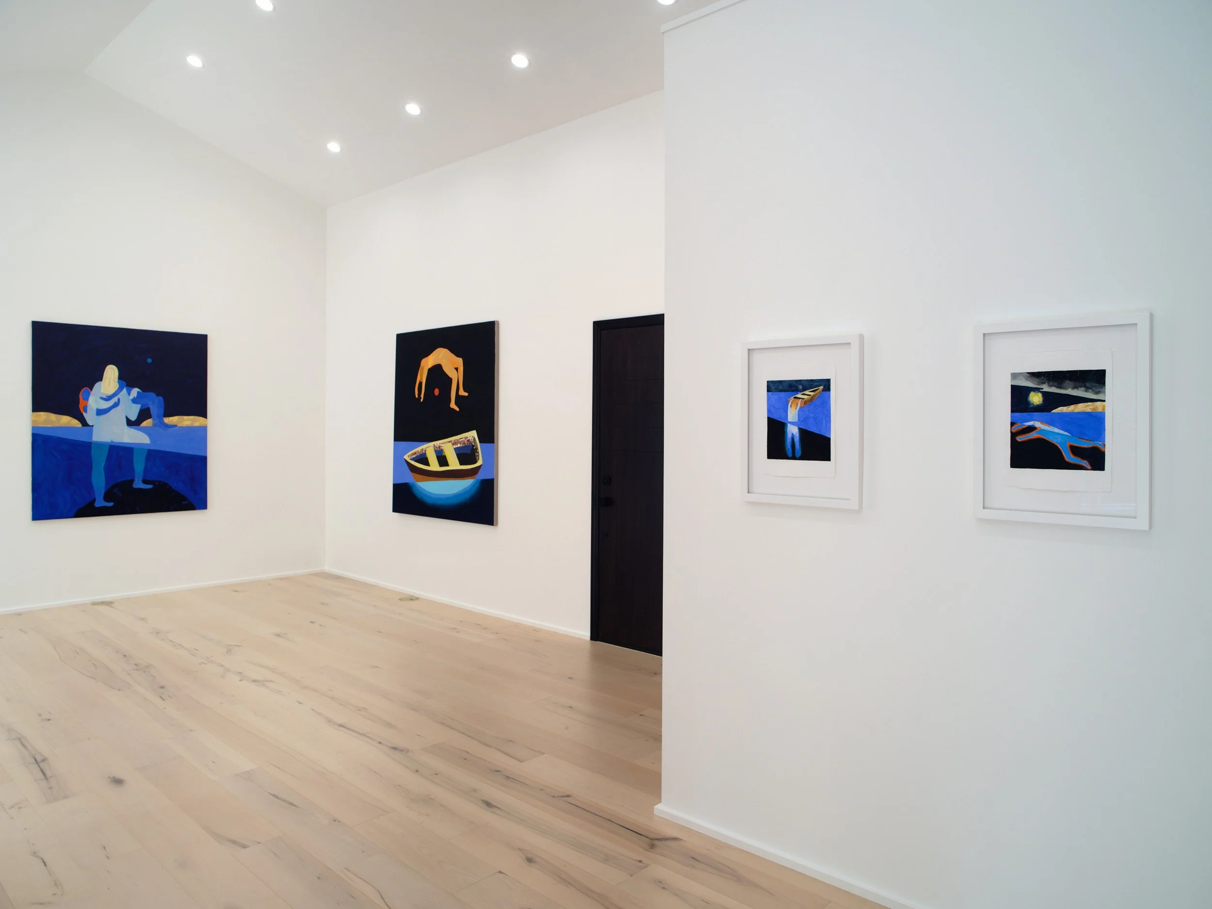 An art gallery with white walls, featuring five paintings, three in frames and two on the wall, with light-colored wooden floors and track lighting.